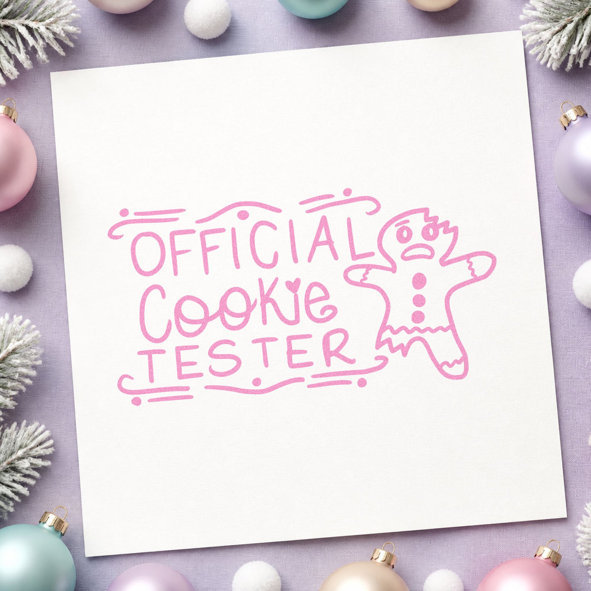 Official Cookie Tester Gingerbread craft stamp in purple ink on cardstock, an easy option for form style album.