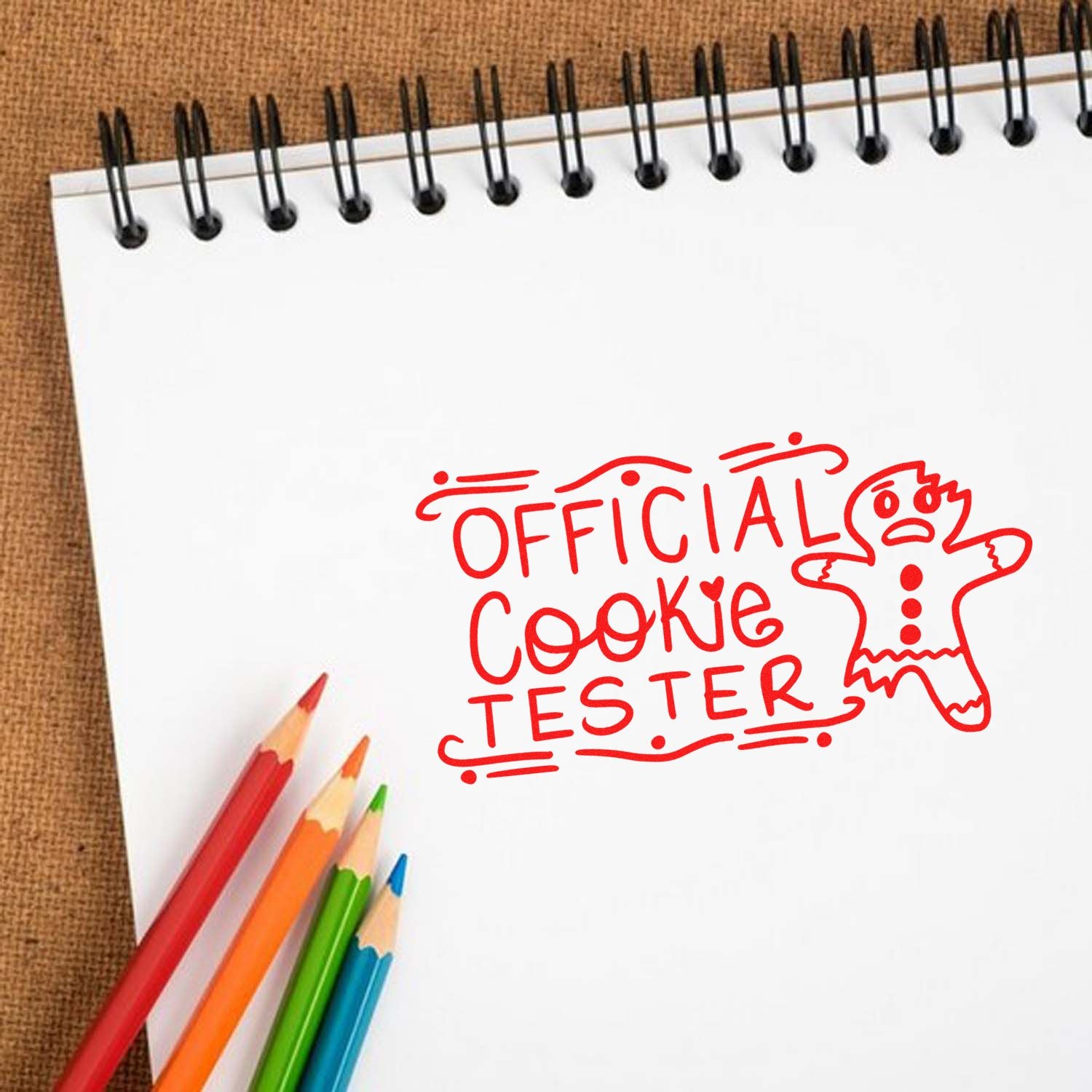 Official Cookie Tester rubber stamp design with gingerbread man, perfect for baker gifts, cookie lovers, and custom stamping.
