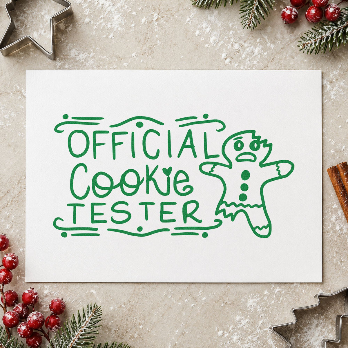 Official Cookie Tester Gingerbread craft stamp imprint in green ink on a handmade project, one idea being tally form cards.