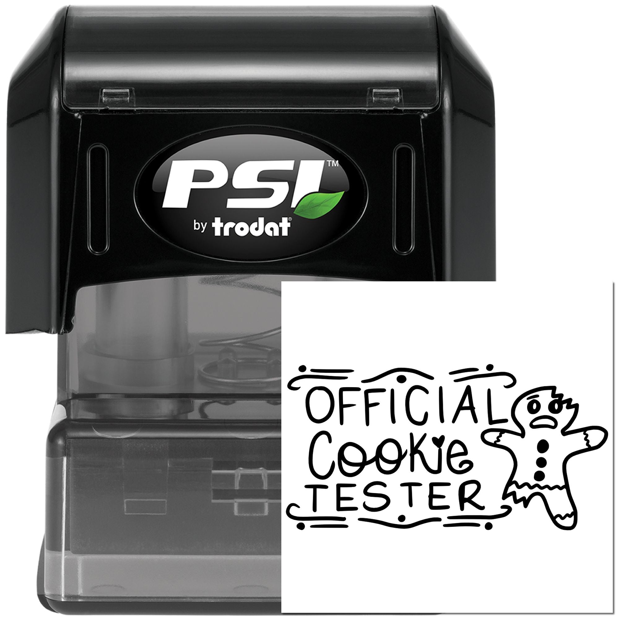 Custom self-inking rubber stamp by PSI by Trodat with Official Cookie Tester design and gingerbread man imprint.