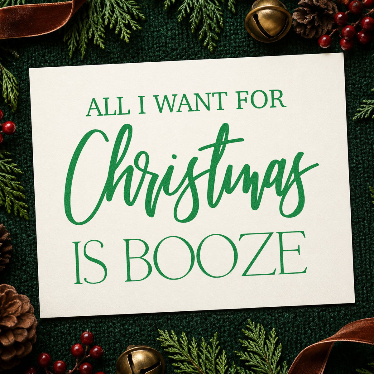 All I Want Christmas Booze craft stamp imprint in green ink on a handmade project, one idea being bottle bag gift tags.