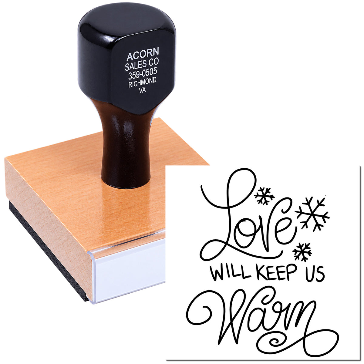 Rubber stamp with Love Will Keep Us Warm holiday sentiment and snowflake design for winter cards and craft projects