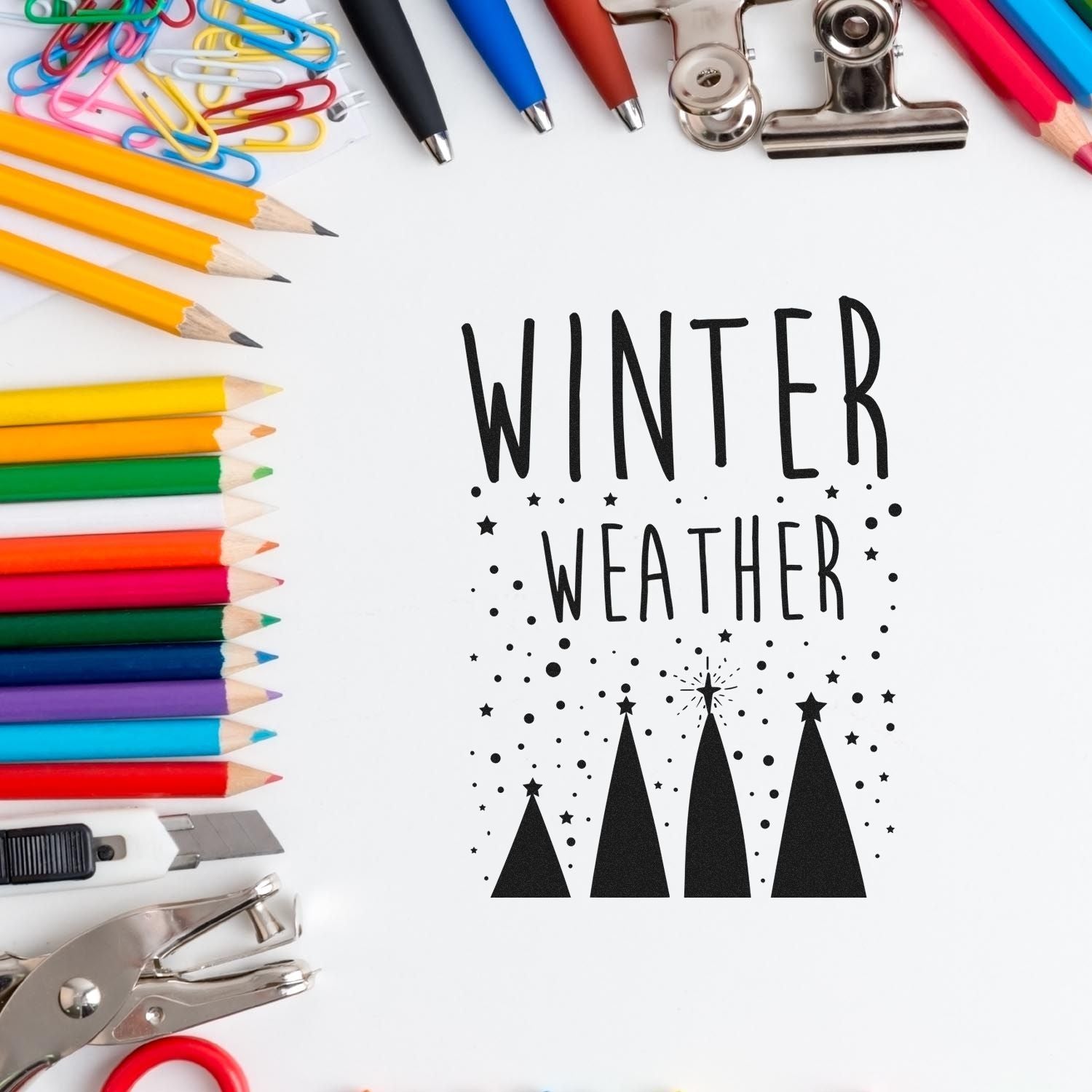 Winter Weather rubber stamp design with pencils and craft supplies, ideal for seasonal planner stamps and winter-themed projects.
