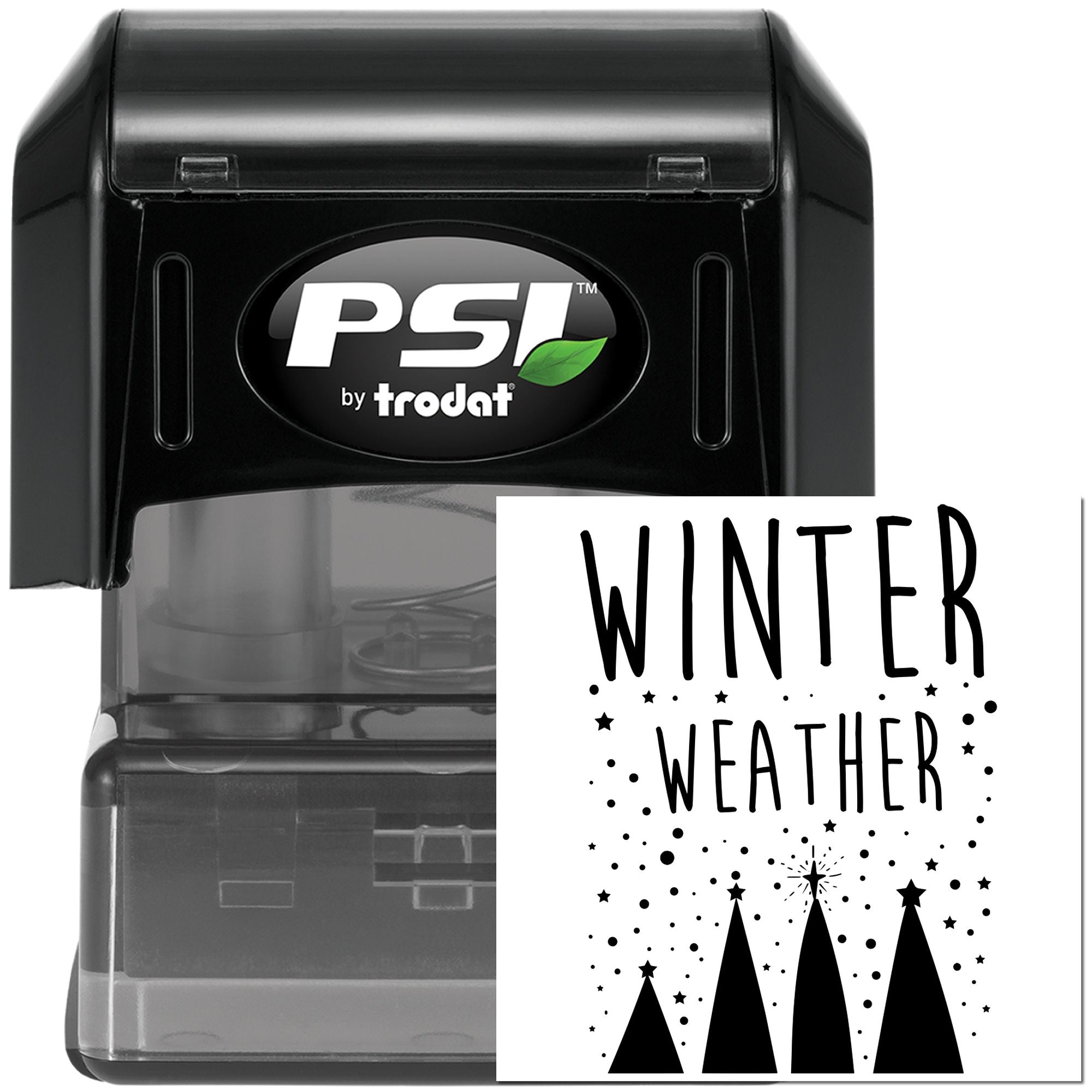 Winter Weather self-inking rubber stamp by PSI Trodat, featuring trees and stars for seasonal mailing and craft projects.