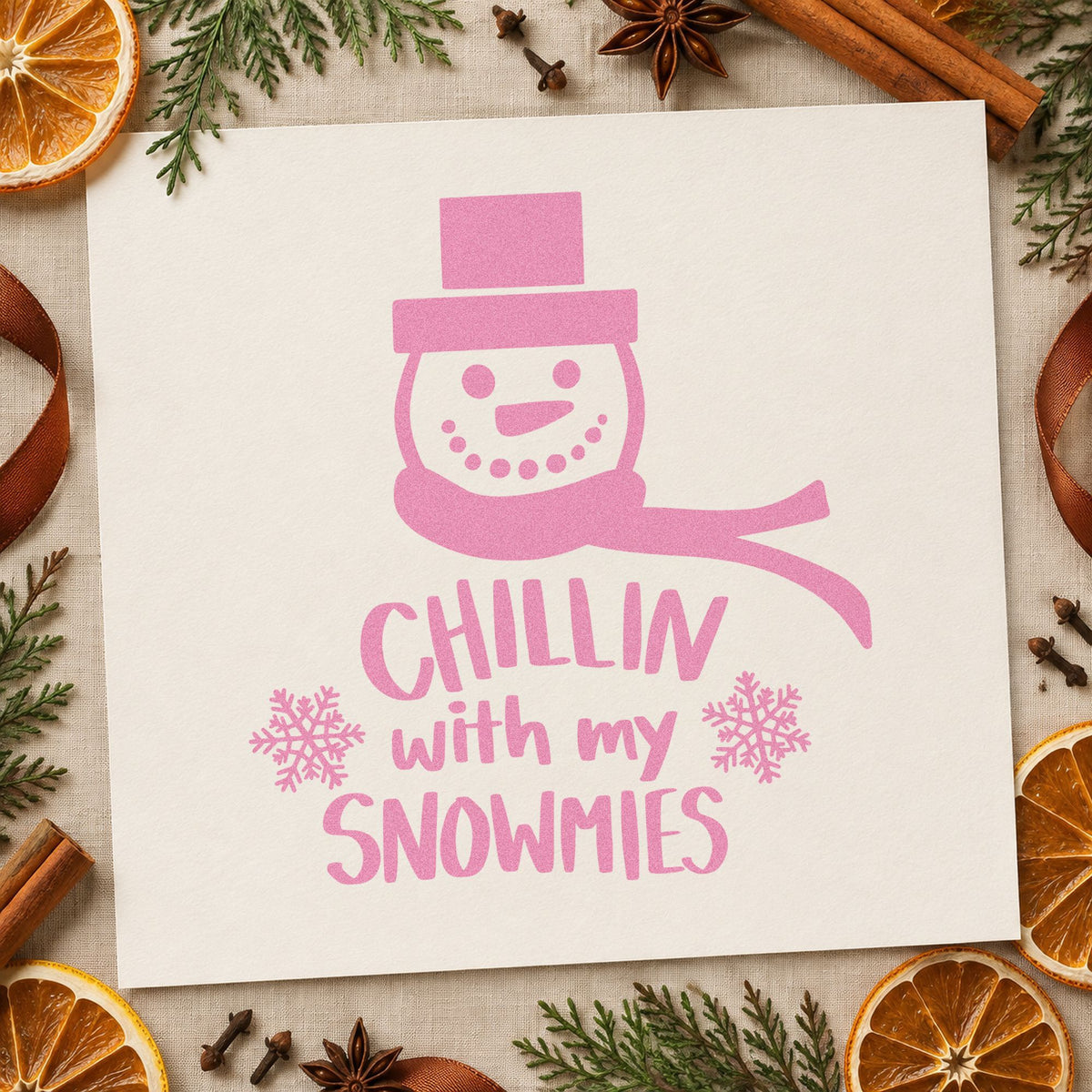 Chillin With My Snowmies craft stamp in purple ink on cardstock, an easy option for build day album.