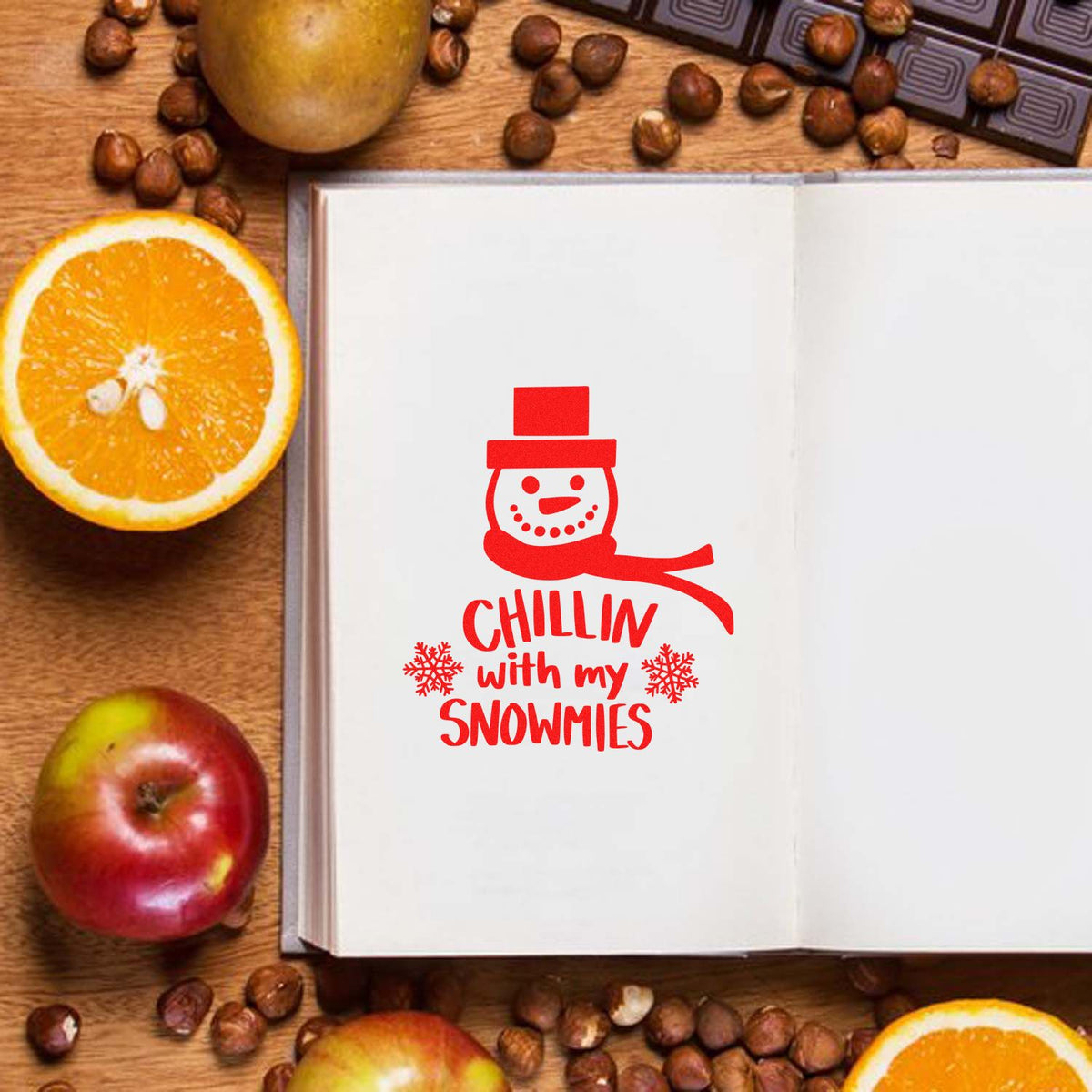 Chillin With My Snowmies rubber stamp shown in red ink, stamped for projects such as build day album.
