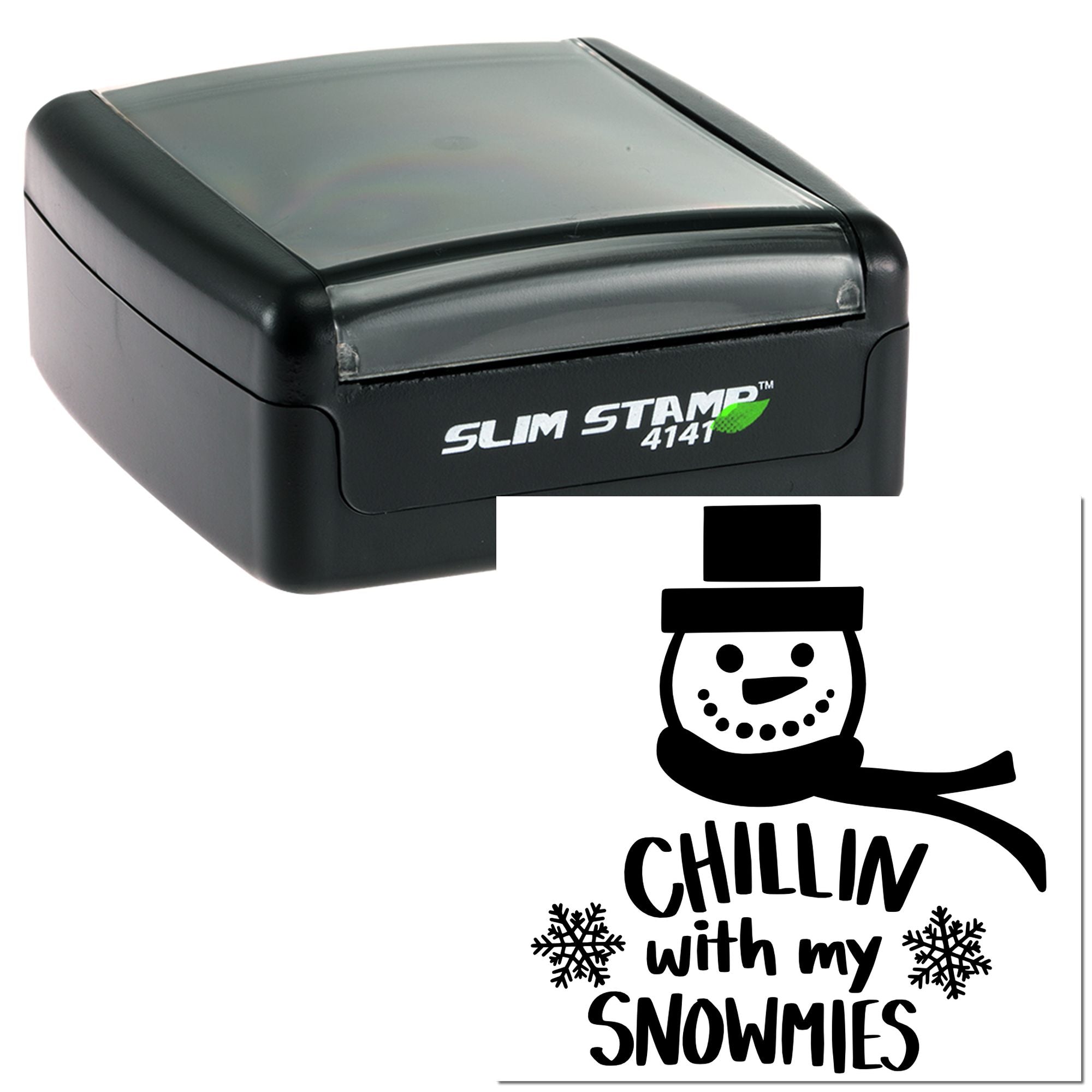 Custom self-inking rubber stamp with Chillin with my Snowmies snowman design for winter crafts and holiday cards.