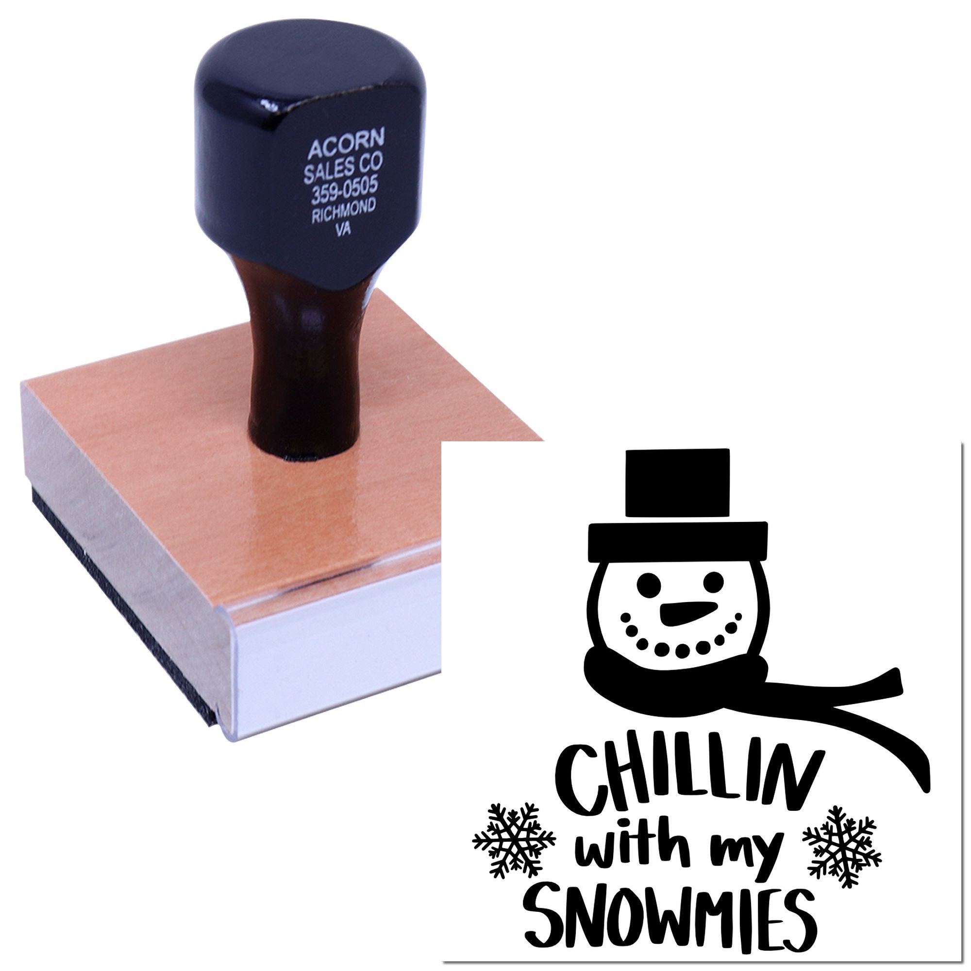 Custom rubber stamp with snowman design and Chillin with My Snowmies text for winter crafts, holiday cards, and branding