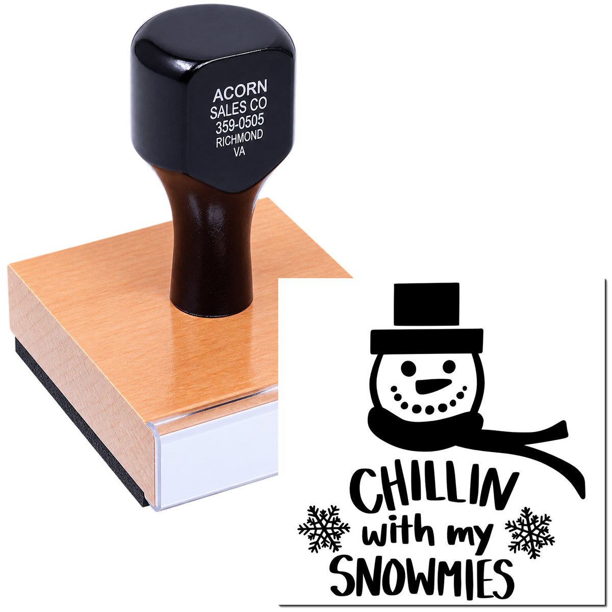 Custom rubber stamp with snowman design and Chillin with My Snowmies text for winter crafts, holiday cards, and branding