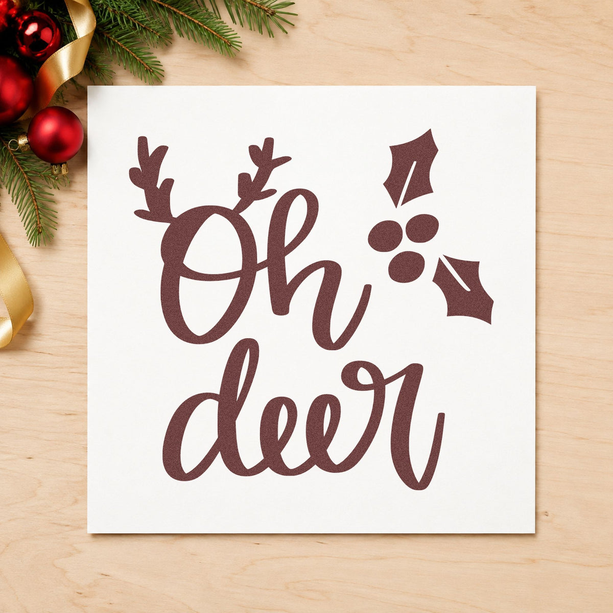 Oh Deer Antlers Holly rubber stamp printed in brown ink, ready for short note sheet and similar paper crafts.