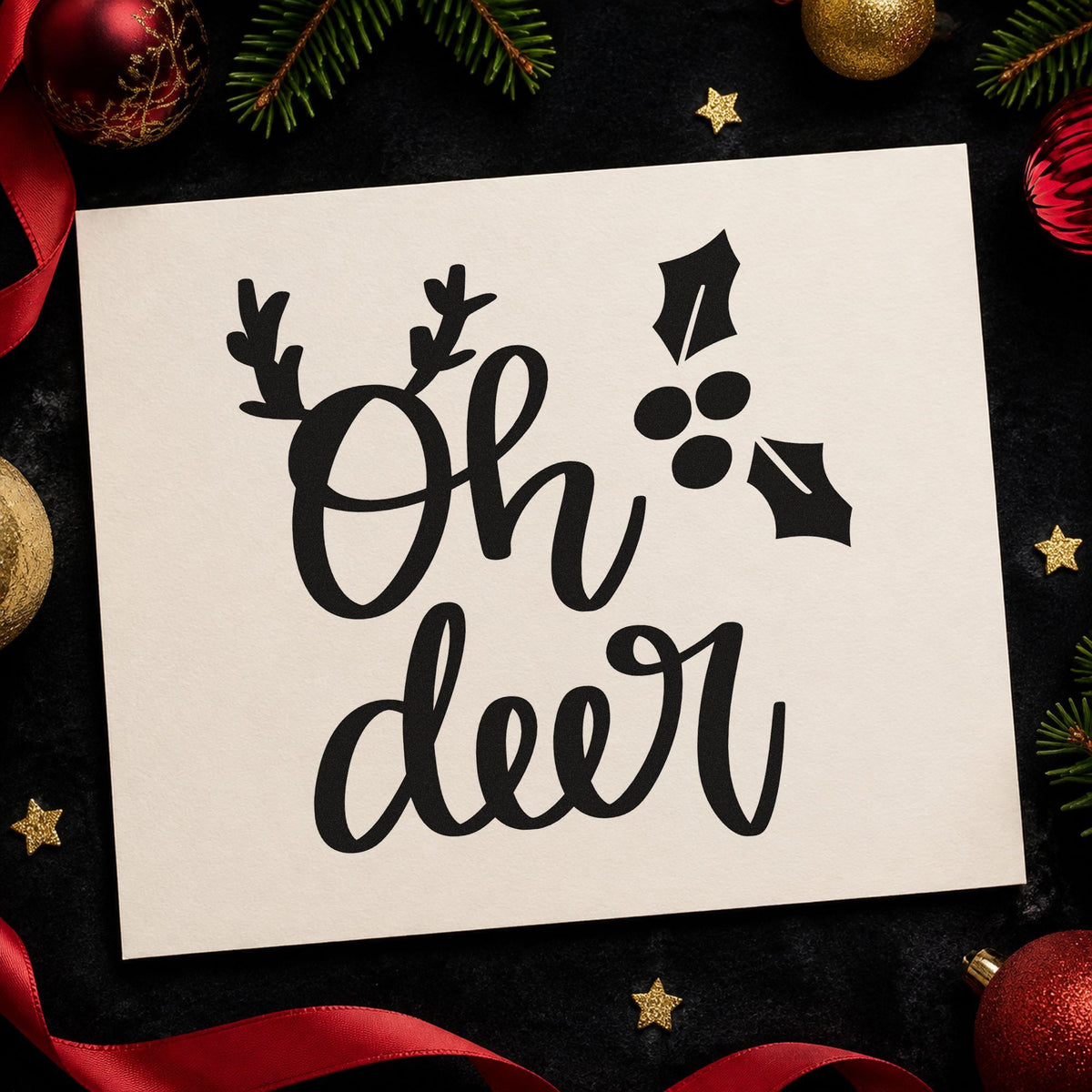 Oh Deer Antlers Holly rubber stamp printed in black ink, ready for antler letter cards and similar paper crafts.