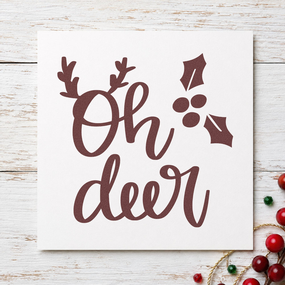 Oh Deer Holly Antlers rubber stamp printed in brown ink, ready for cutting plan sheet and similar paper crafts.