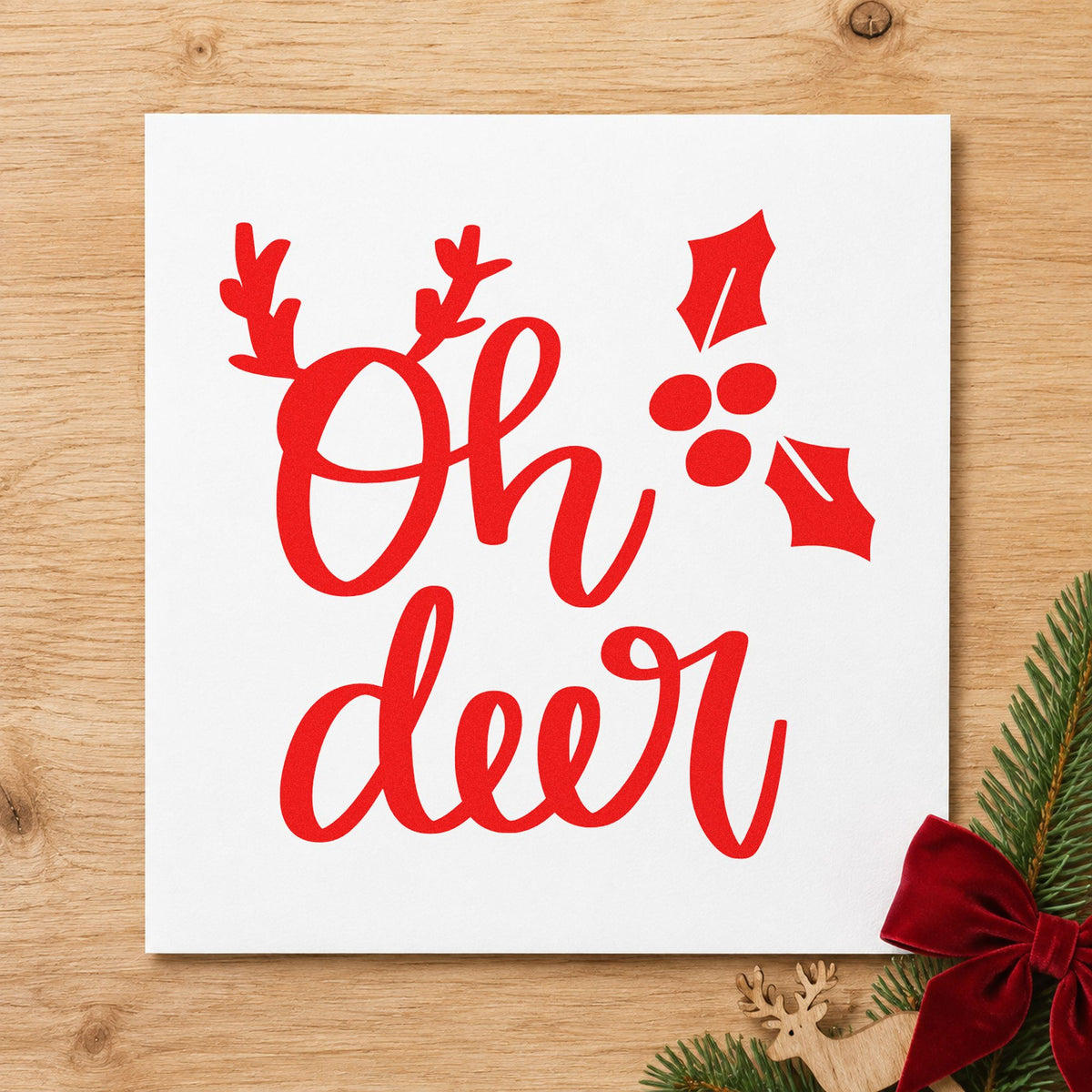 Oh Deer Holly Antlers rubber stamp shown in red ink, stamped for projects such as bucket rim labels.