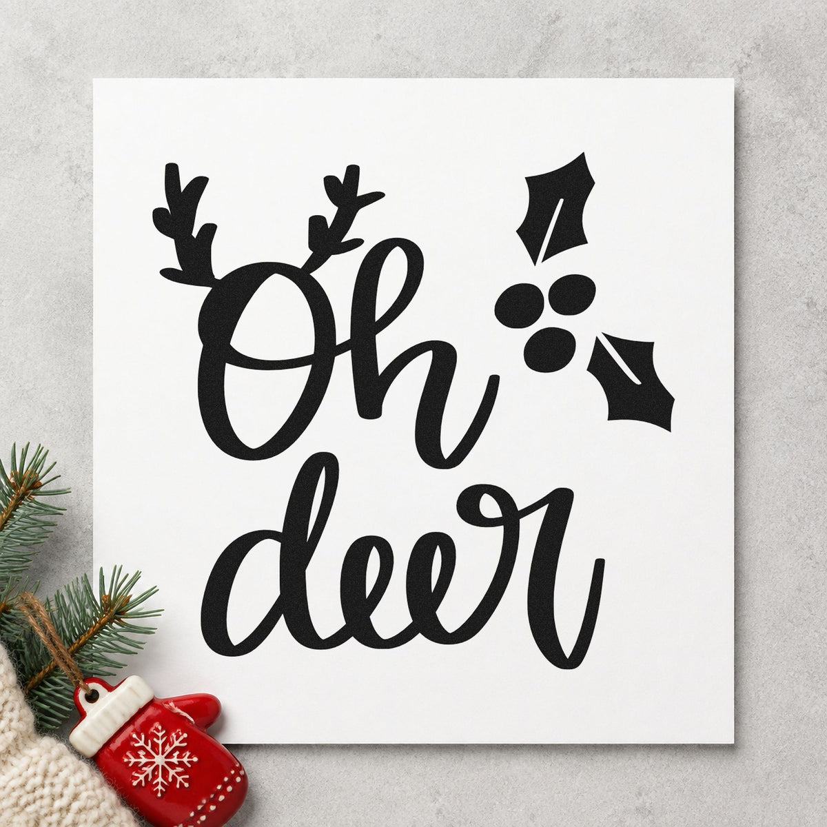 Oh Deer Holly Antlers rubber stamp printed in black ink, ready for bold berries cards and similar paper crafts.