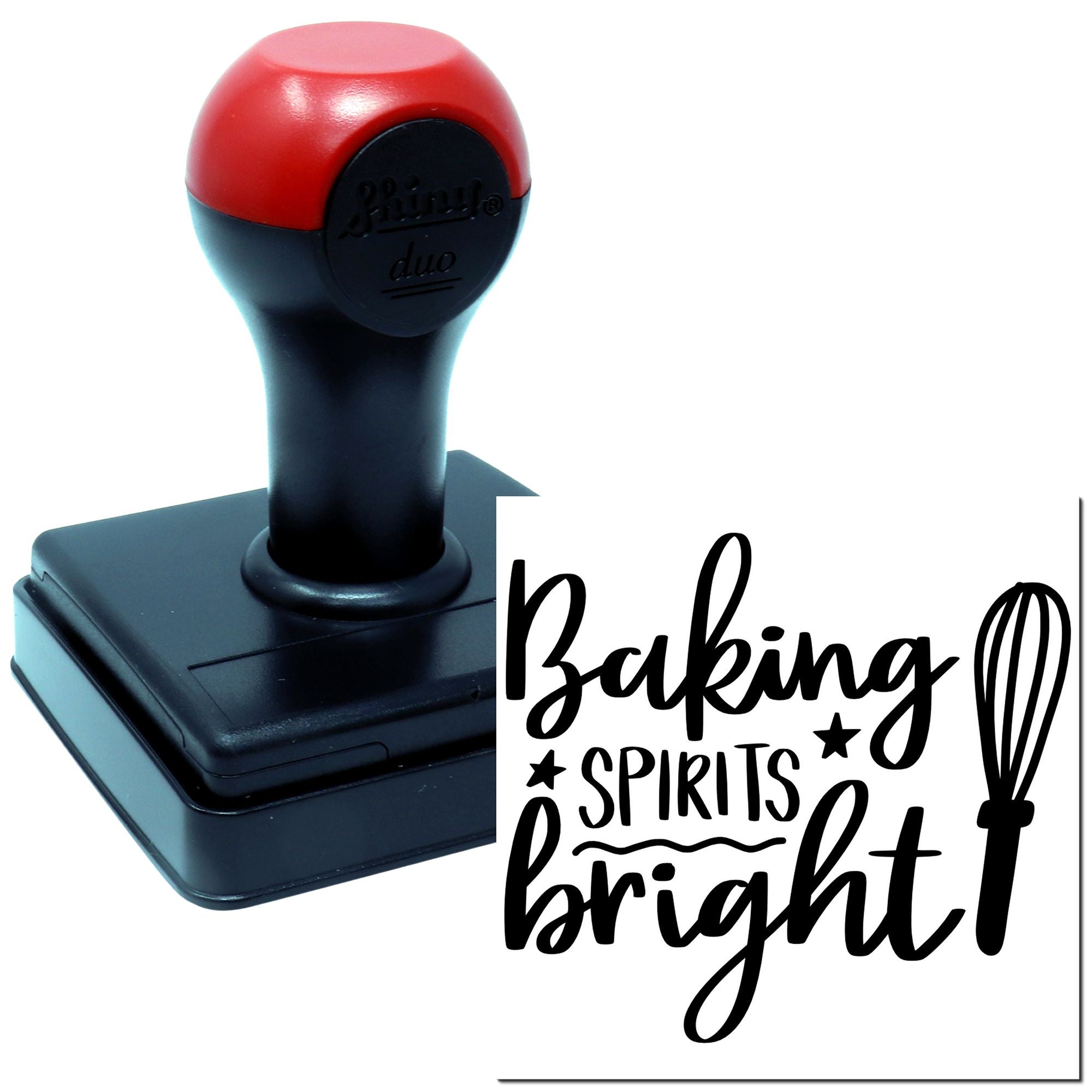 Custom self-inking rubber stamp with Baking Spirits Bright holiday design for bakery packaging, gifts, and festive baking.