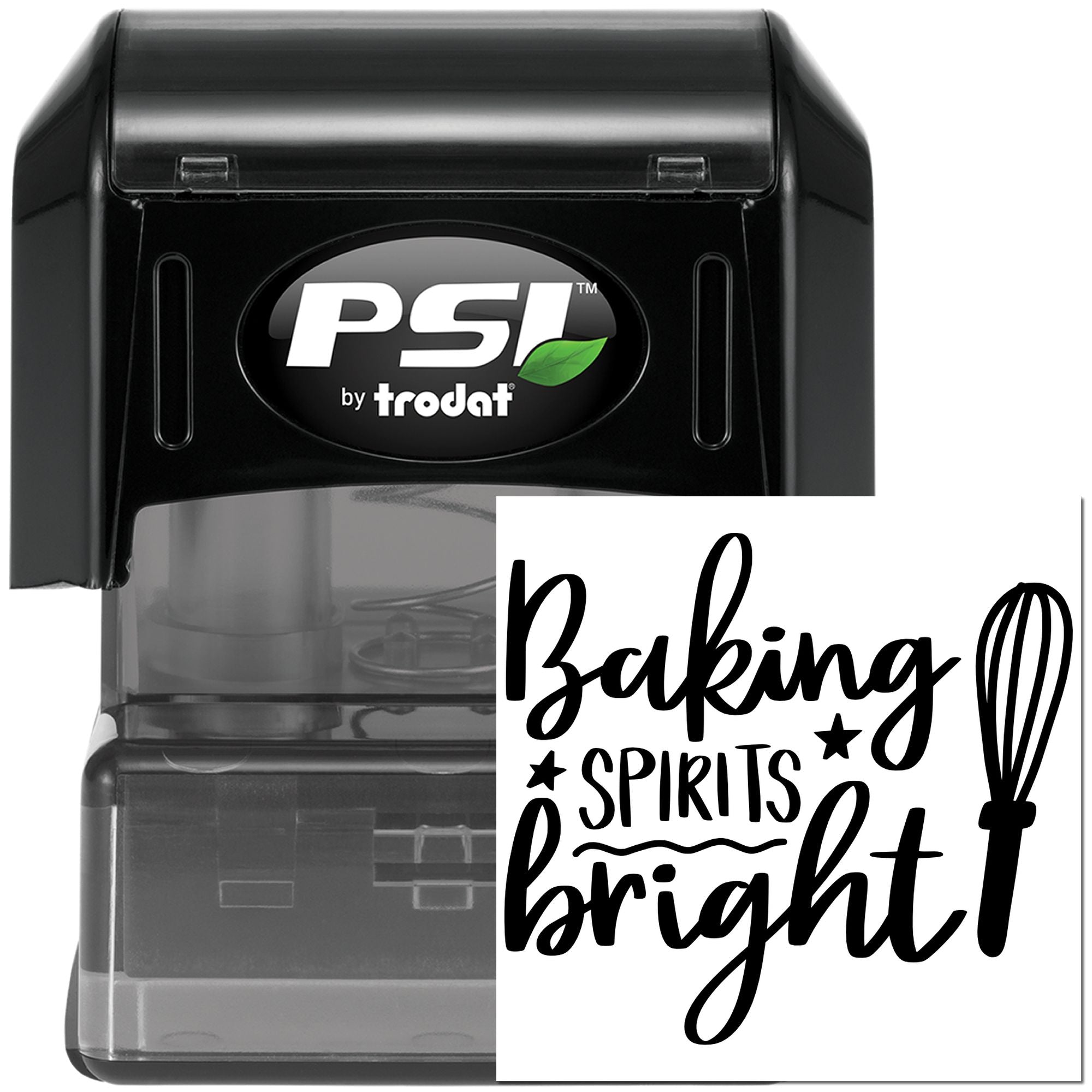 Custom PSI by Trodat self-inking rubber stamp with Baking Spirits Bright holiday baking design.