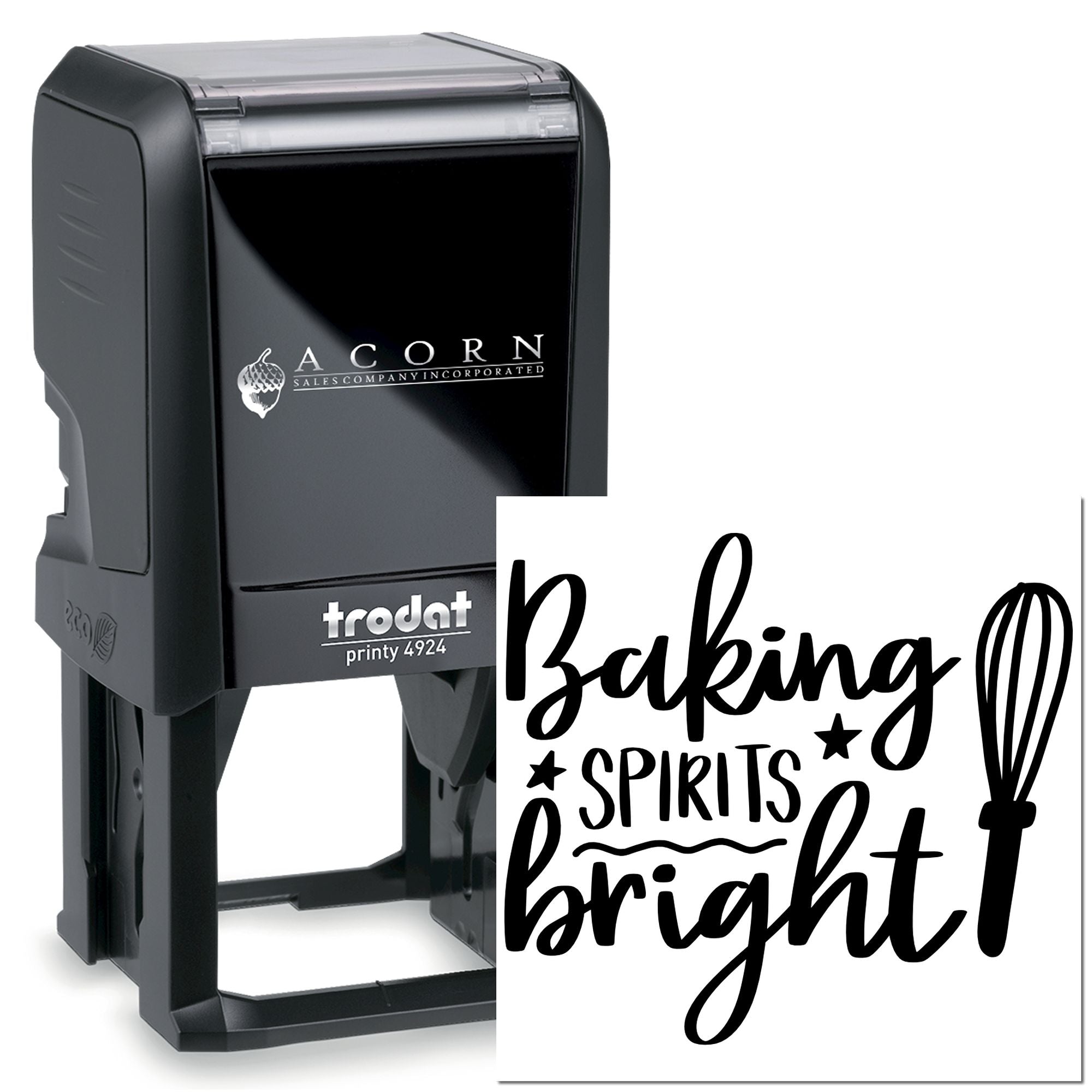 Custom self-inking rubber stamp with Baking Spirits Bright holiday design, Trodat Printy 4924 for bakery packaging.