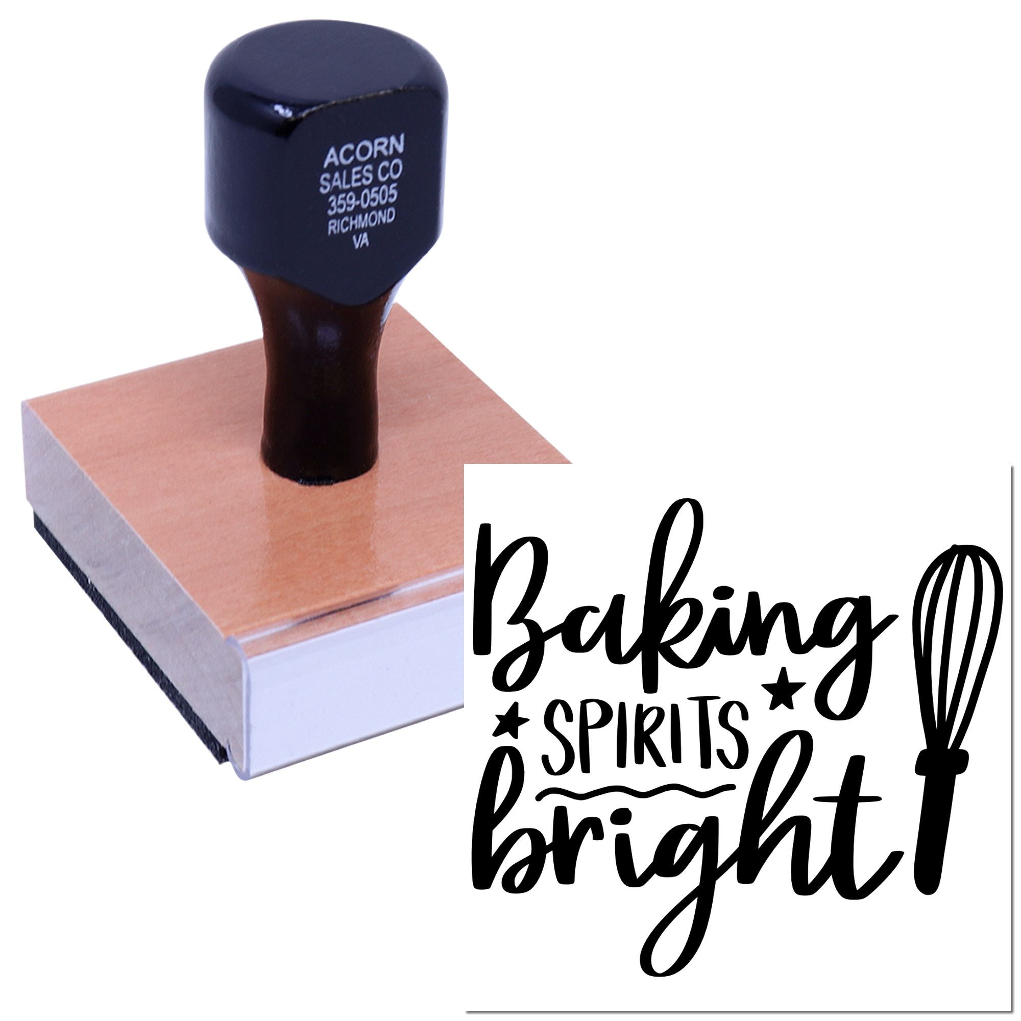 Custom rubber stamp with Baking Spirits Bright logo for holiday baking, gift tags, and bakery packaging.