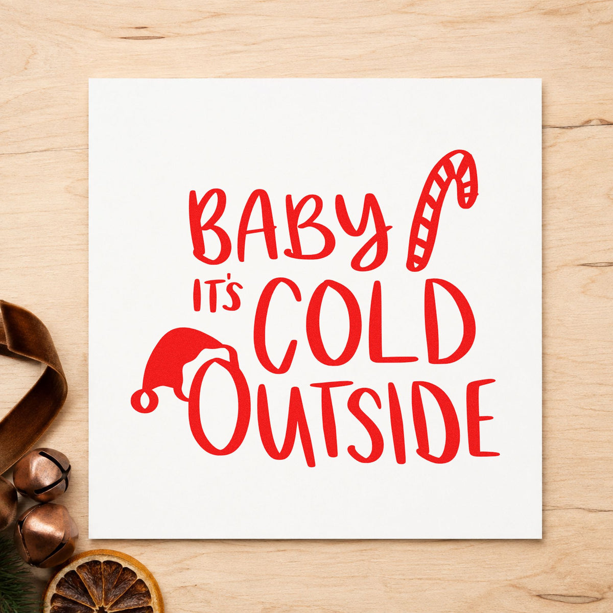 Baby It's Cold Outside Hat rubber stamp shown in red ink, stamped for projects such as mitten bin labels.