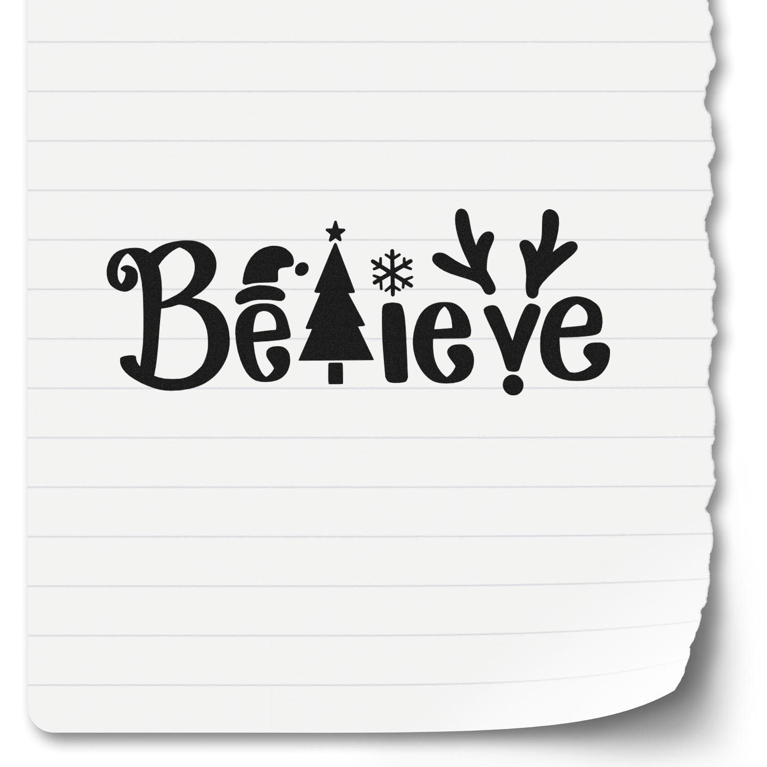 Whimsical Christmas rubber stamp reading Behave with Santa hat, tree, and reindeer antlers for holiday card making.