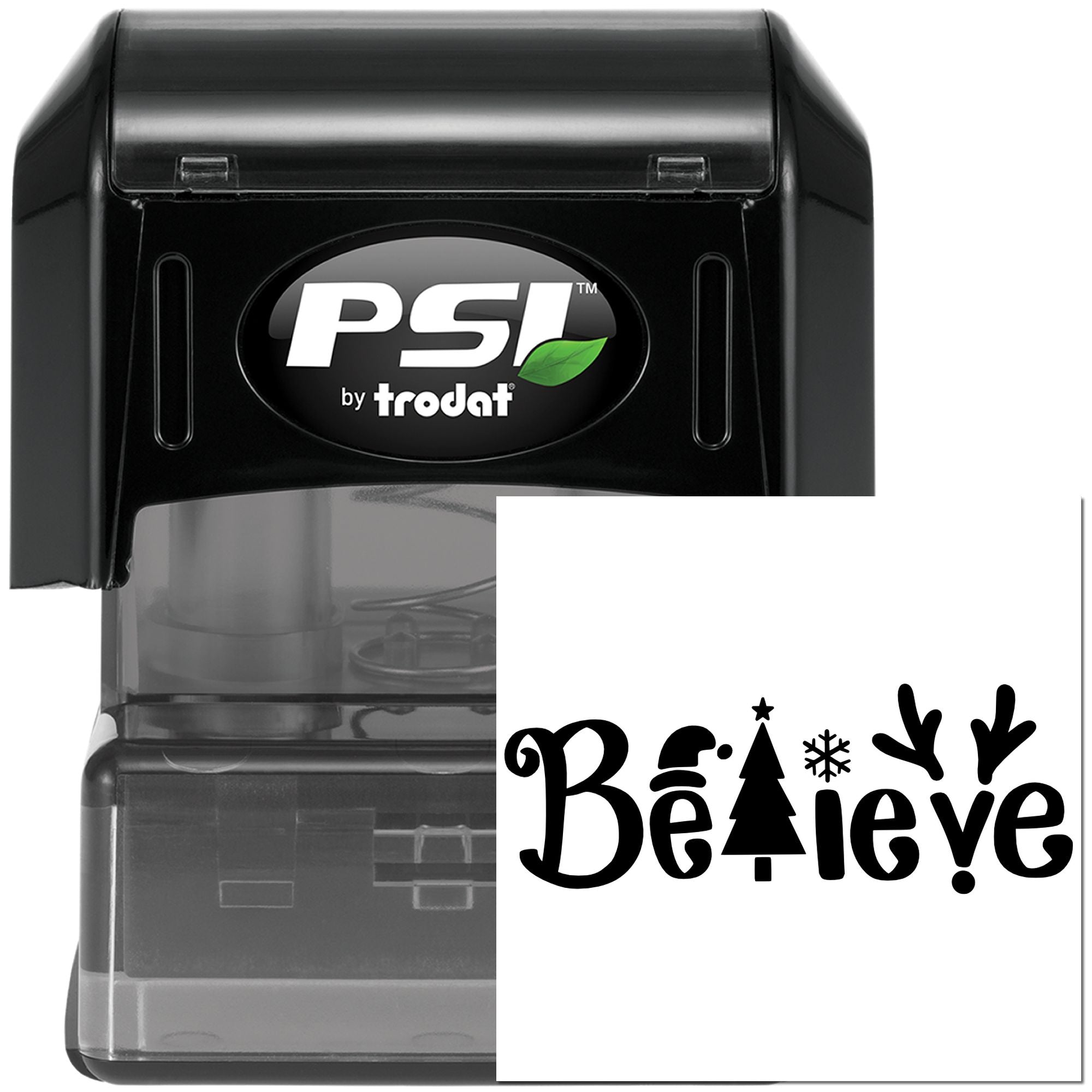 PSI by Trodat self-inking rubber stamp with Believe Christmas design for holiday card making and crafts