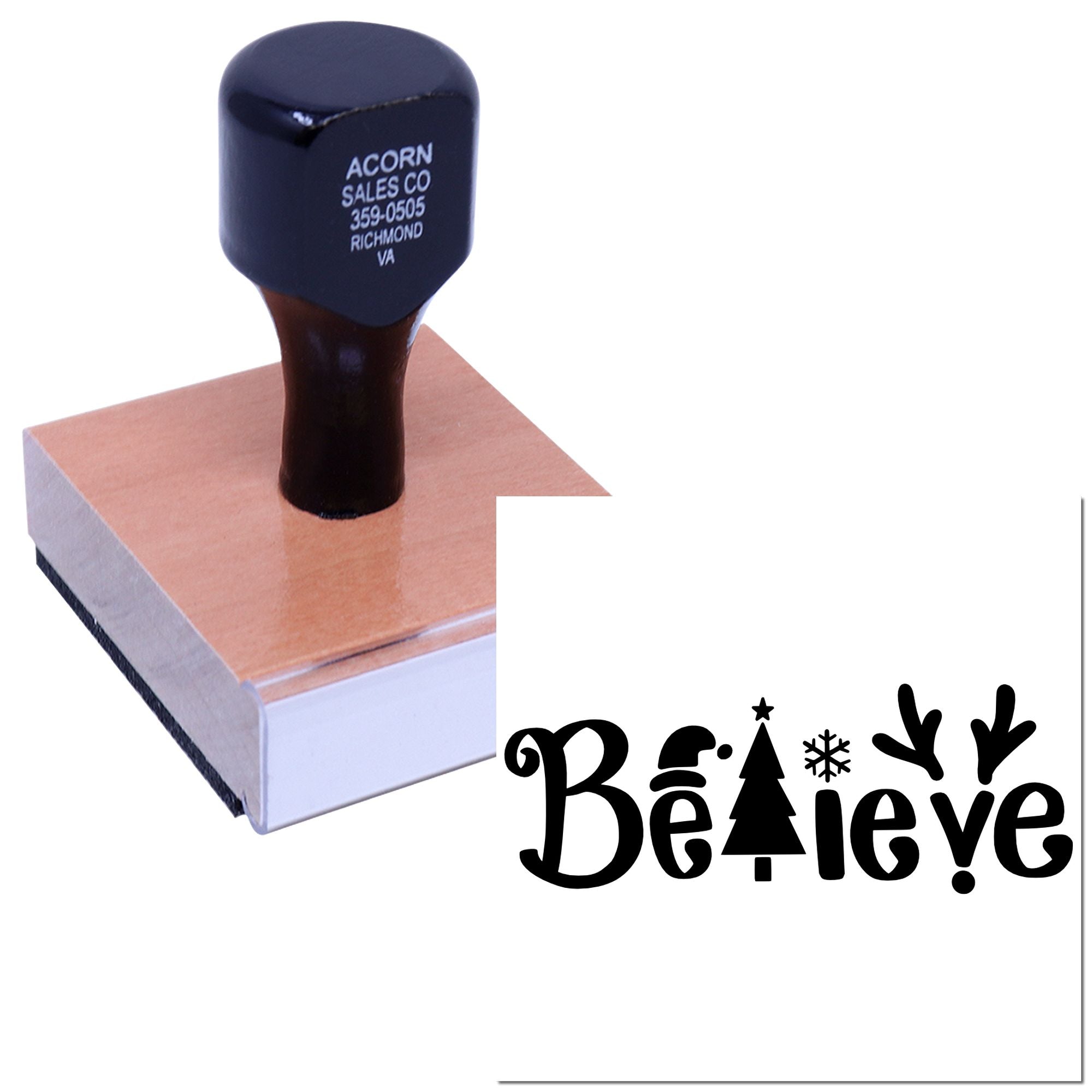 Custom mounted rubber stamp with festive Believe design for holiday crafts, cards, and branding.