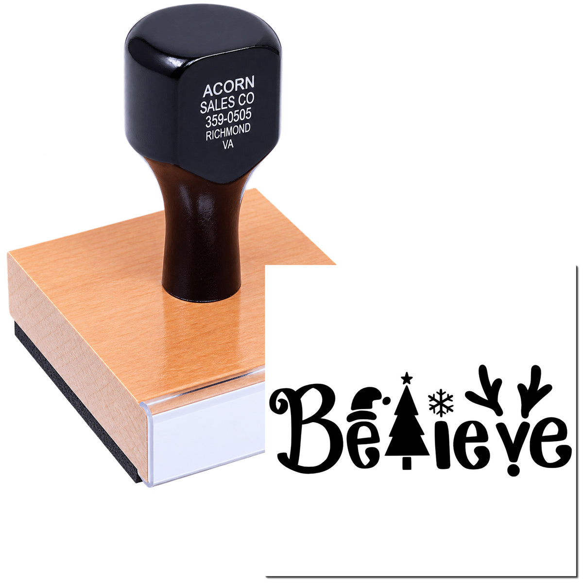 Custom mounted rubber stamp with festive Believe design for holiday crafts, cards, and branding.
