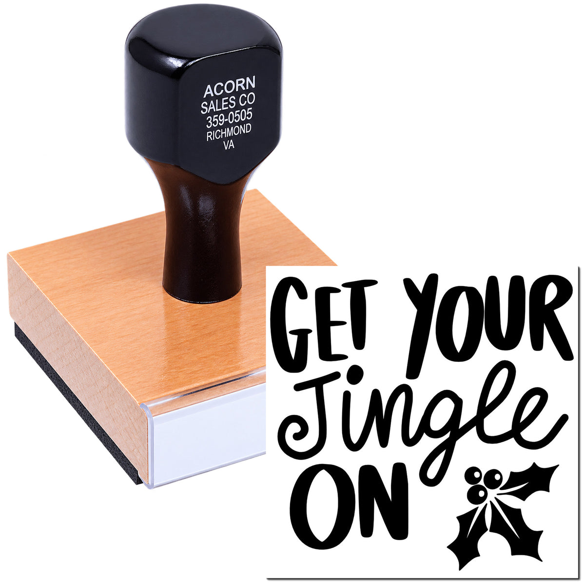 Custom holiday rubber stamp with Get Your Jingle On holly design for festive card making, branding, and seasonal crafting.