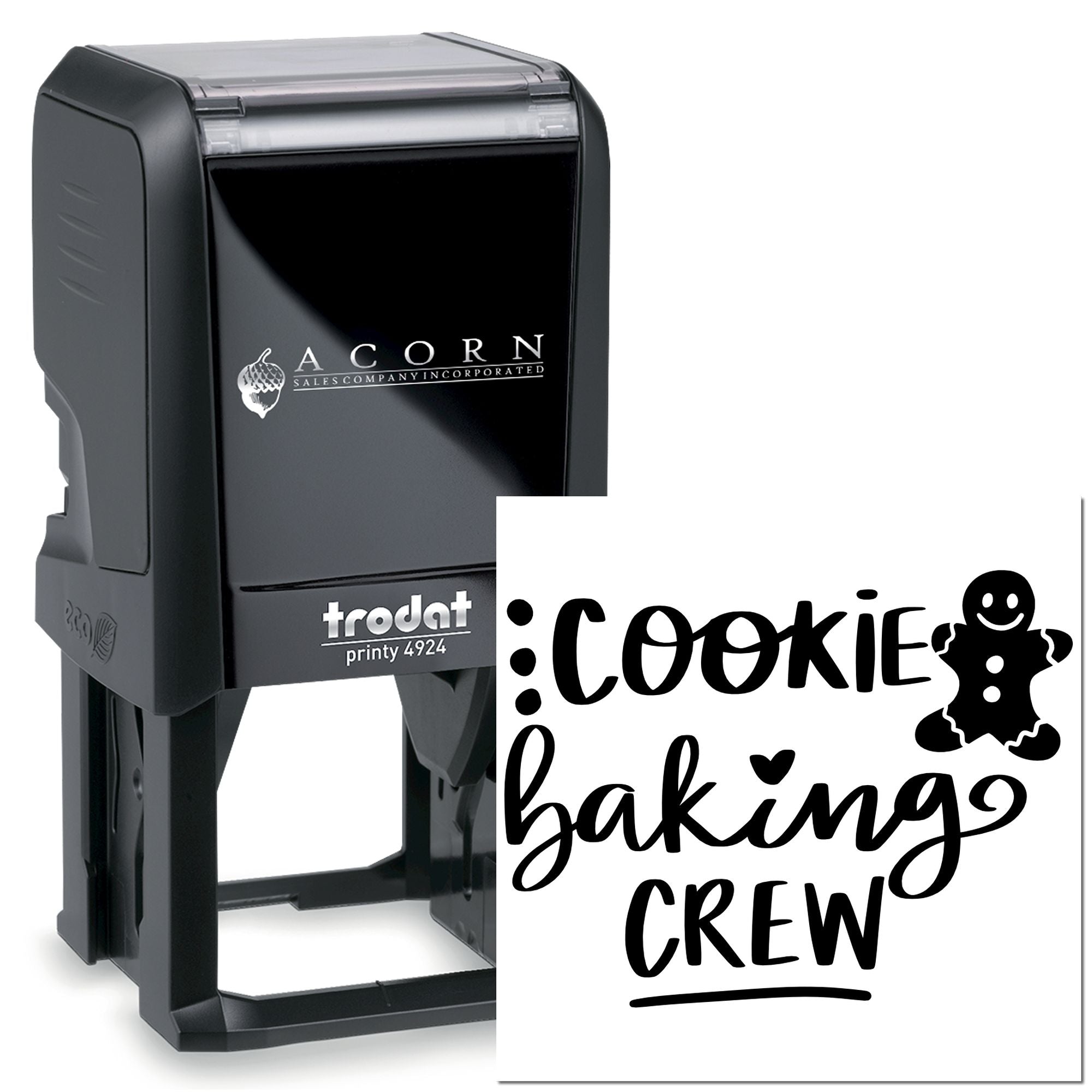 Personalized self-inking rubber stamp with Cookie Baking Crew design for bakery packaging and custom branding.