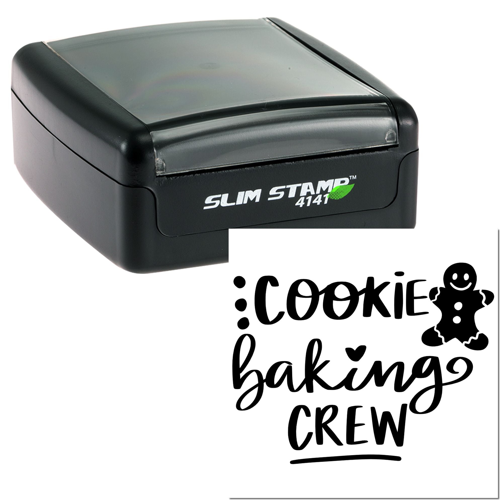 Custom Cookie Baking Crew rubber stamp with slim self-inking stamp case for bakery packaging and craft projects.