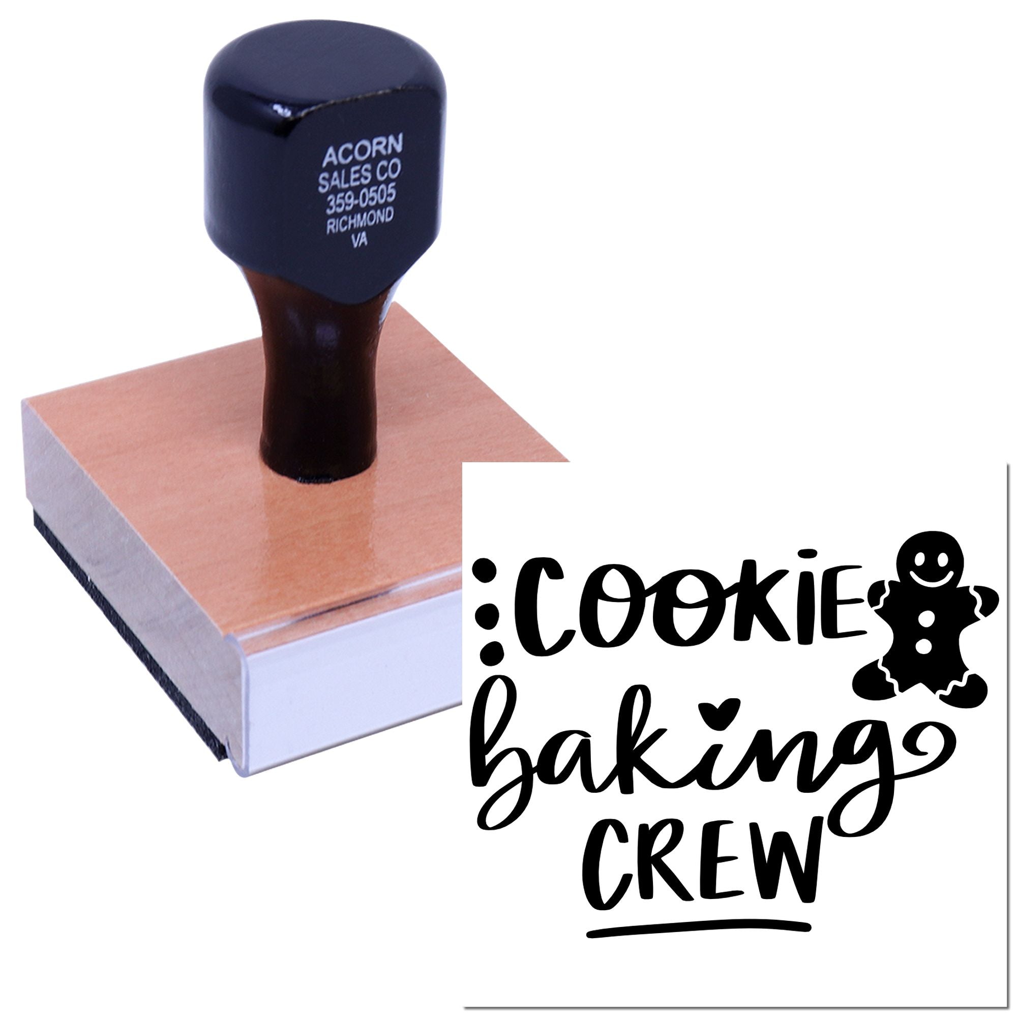 Cookie Baking Crew custom rubber stamp for bakery packaging, with gingerbread man design imprint.