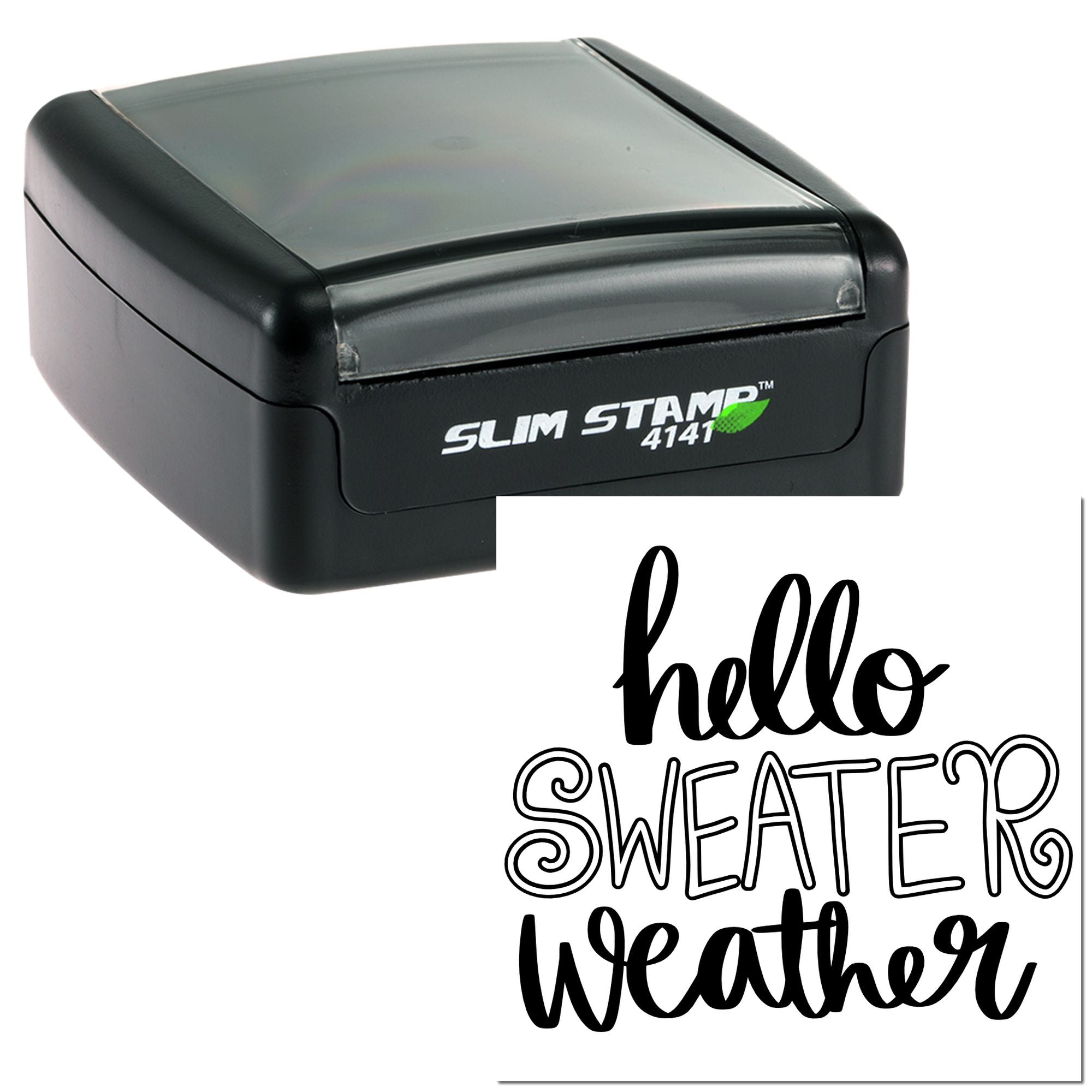 Slim self-inking rubber stamp with hello sweater weather design for seasonal crafts, cards, and small business packaging.