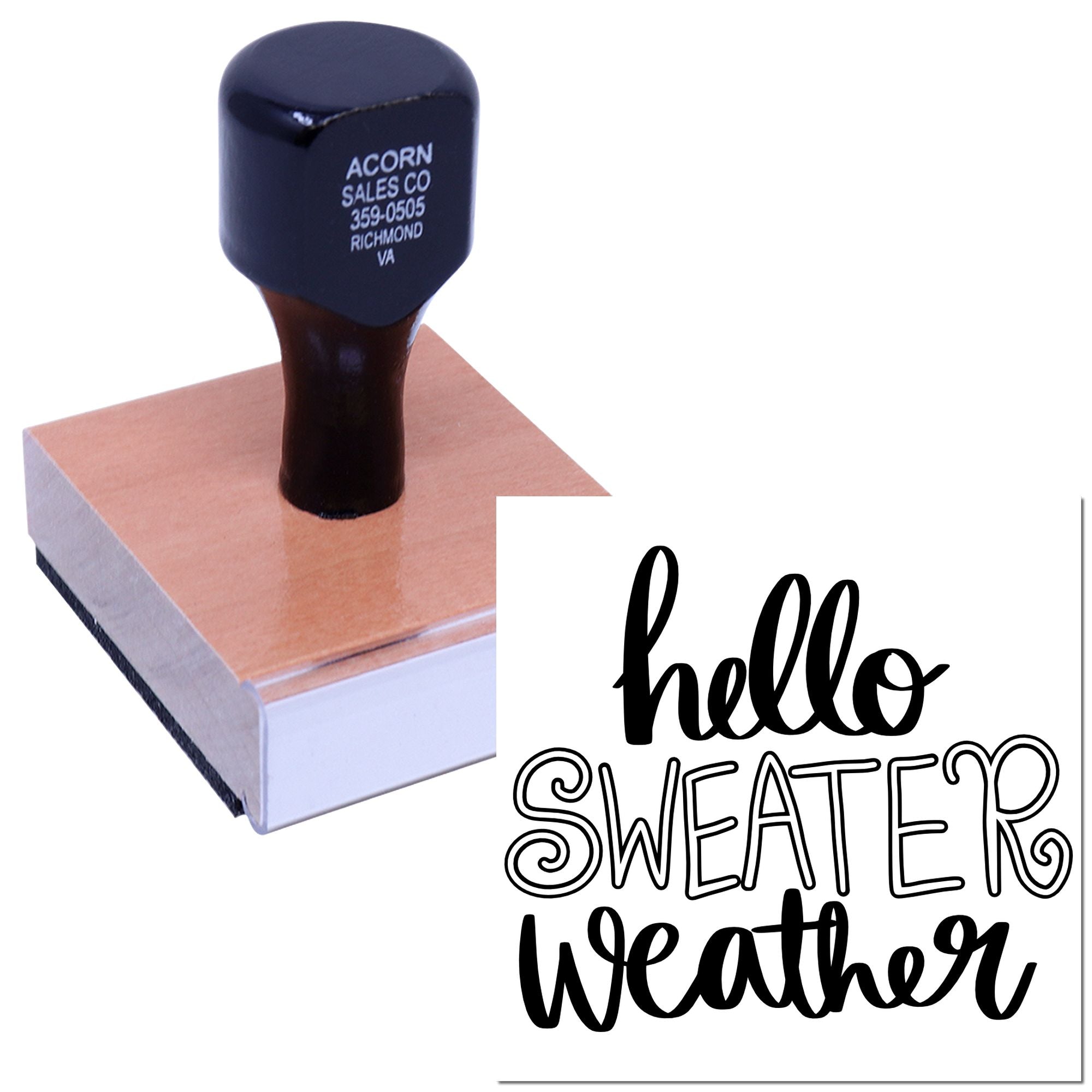 Custom hello sweater weather rubber stamp for fall cards, handmade tags, and seasonal craft projects.