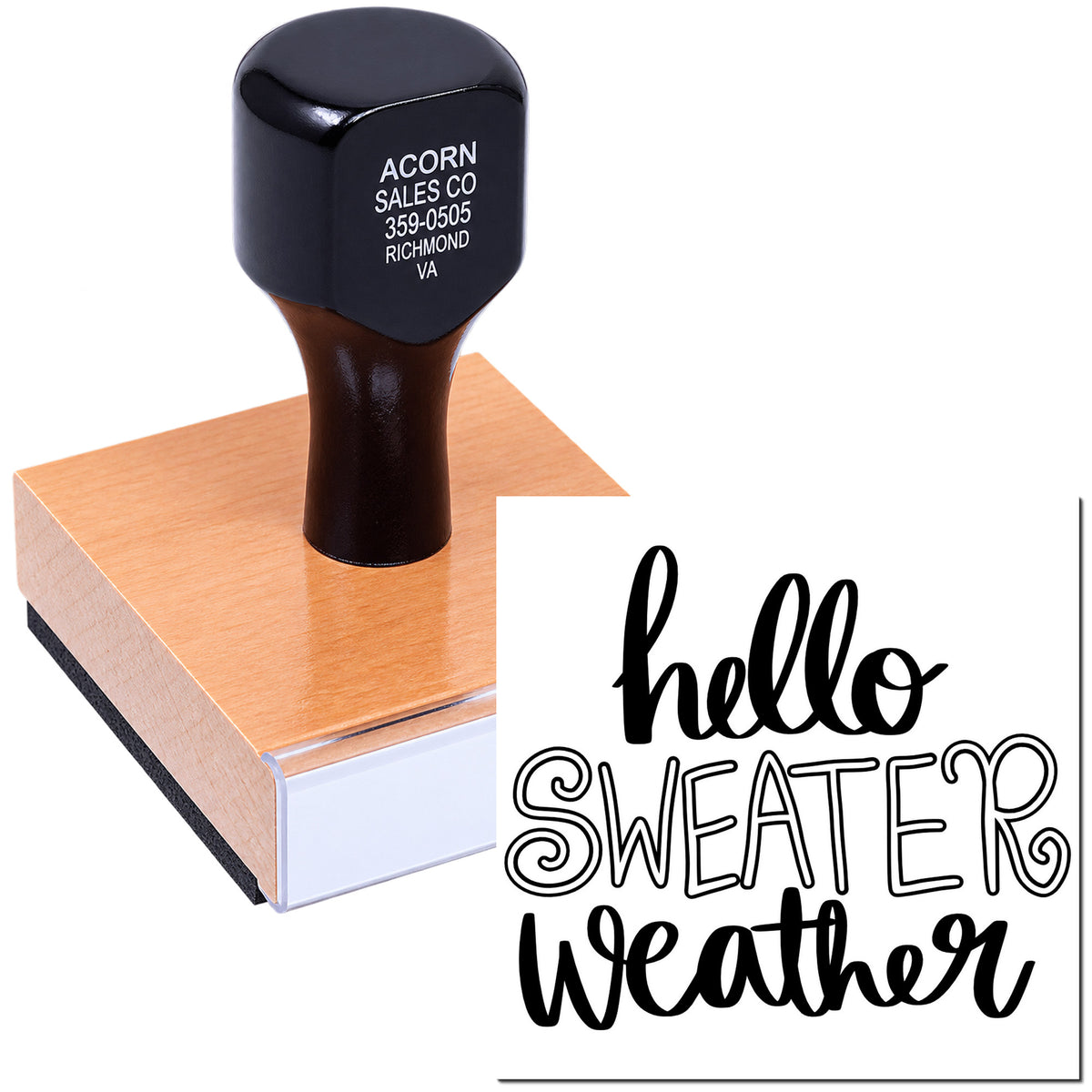 Custom hello sweater weather rubber stamp for fall cards, handmade tags, and seasonal craft projects.