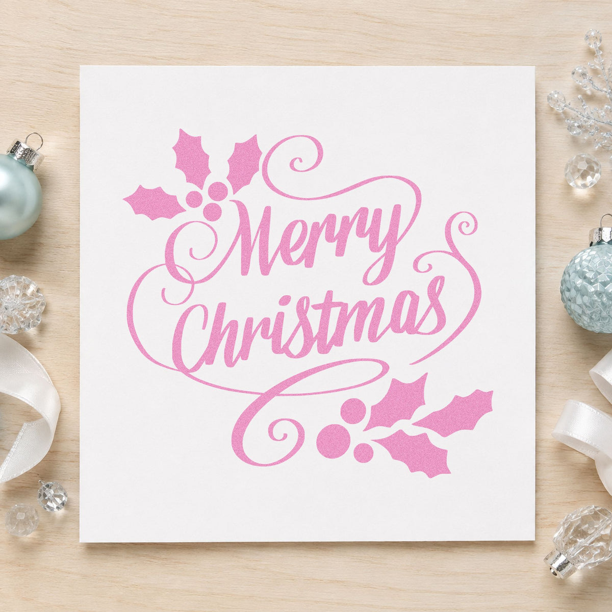 Merry Christmas Holly Flourishes craft stamp in purple ink on cardstock, an easy option for keepsake album plate.