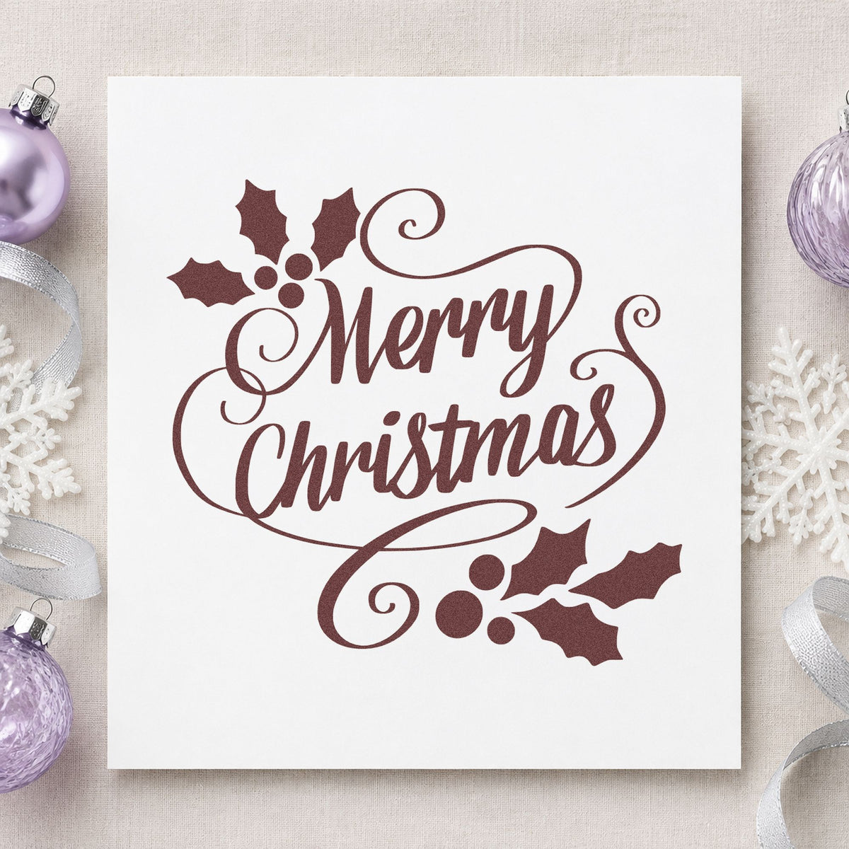 Merry Christmas Holly Flourishes rubber stamp printed in brown ink, ready for guest book opener and similar paper crafts.