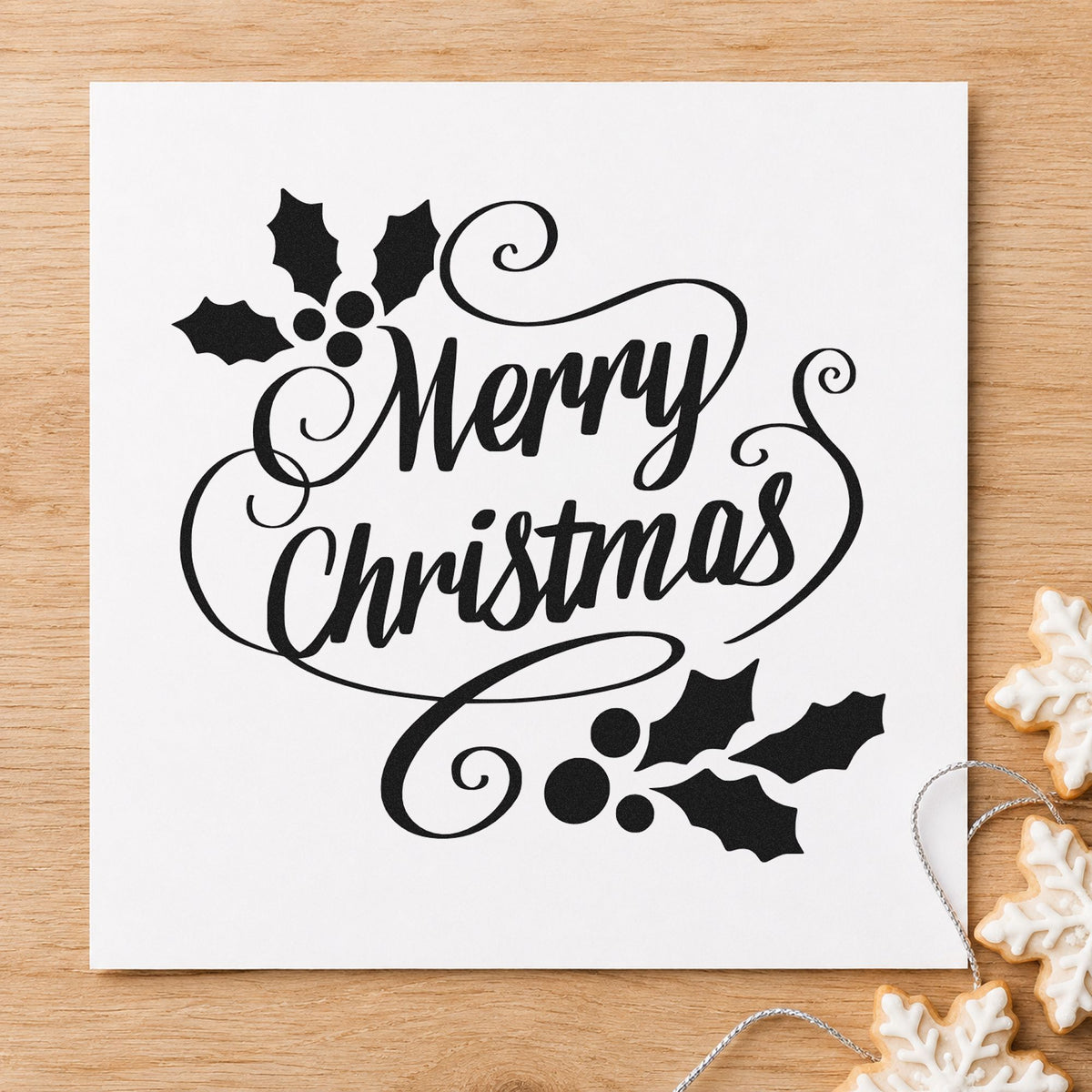 Merry Christmas Holly Flourishes rubber stamp printed in black ink, ready for ornate holly cards and similar paper crafts.