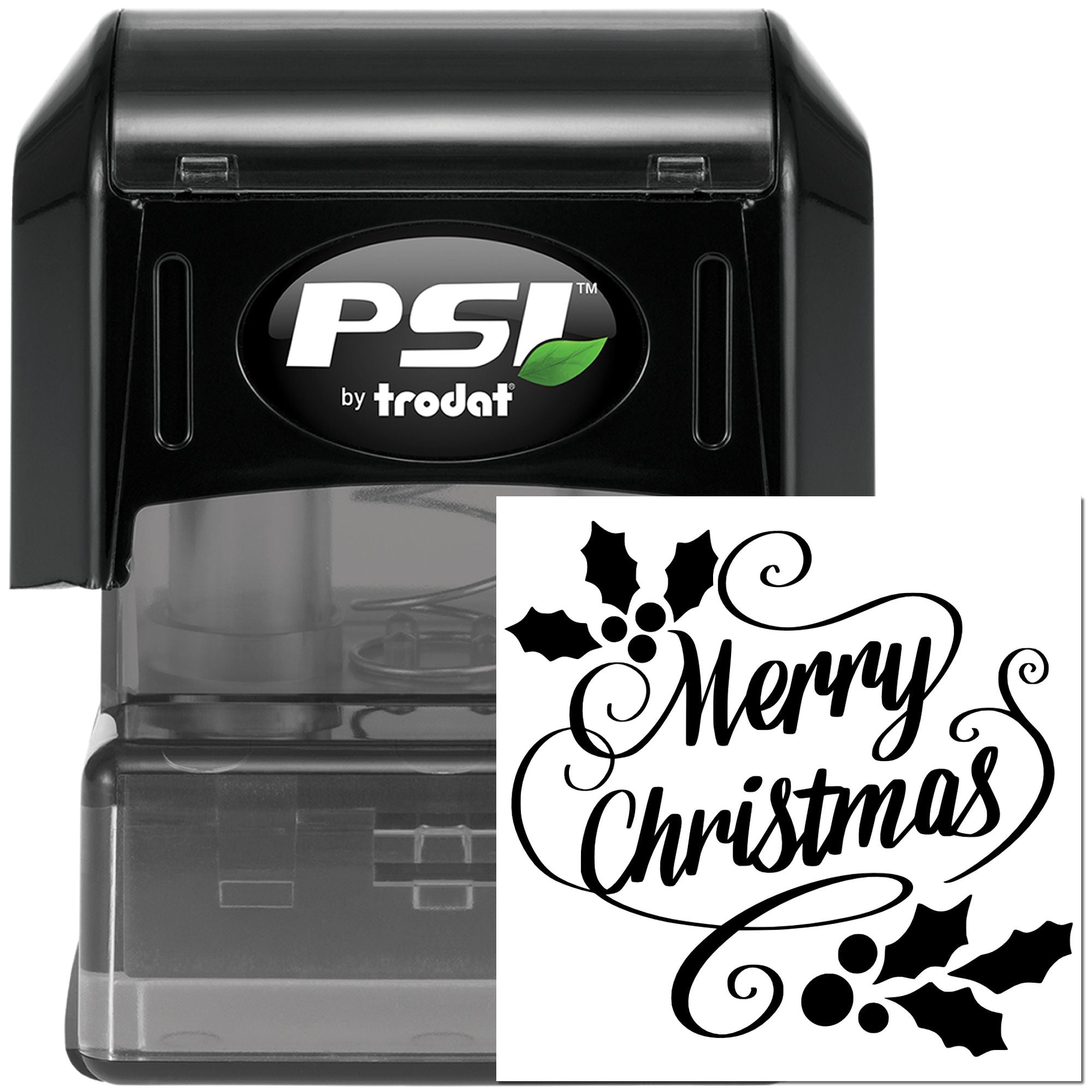Merry Christmas self-inking rubber stamp by PSI Trodat for holiday cards, crafts, and festive paper projects.