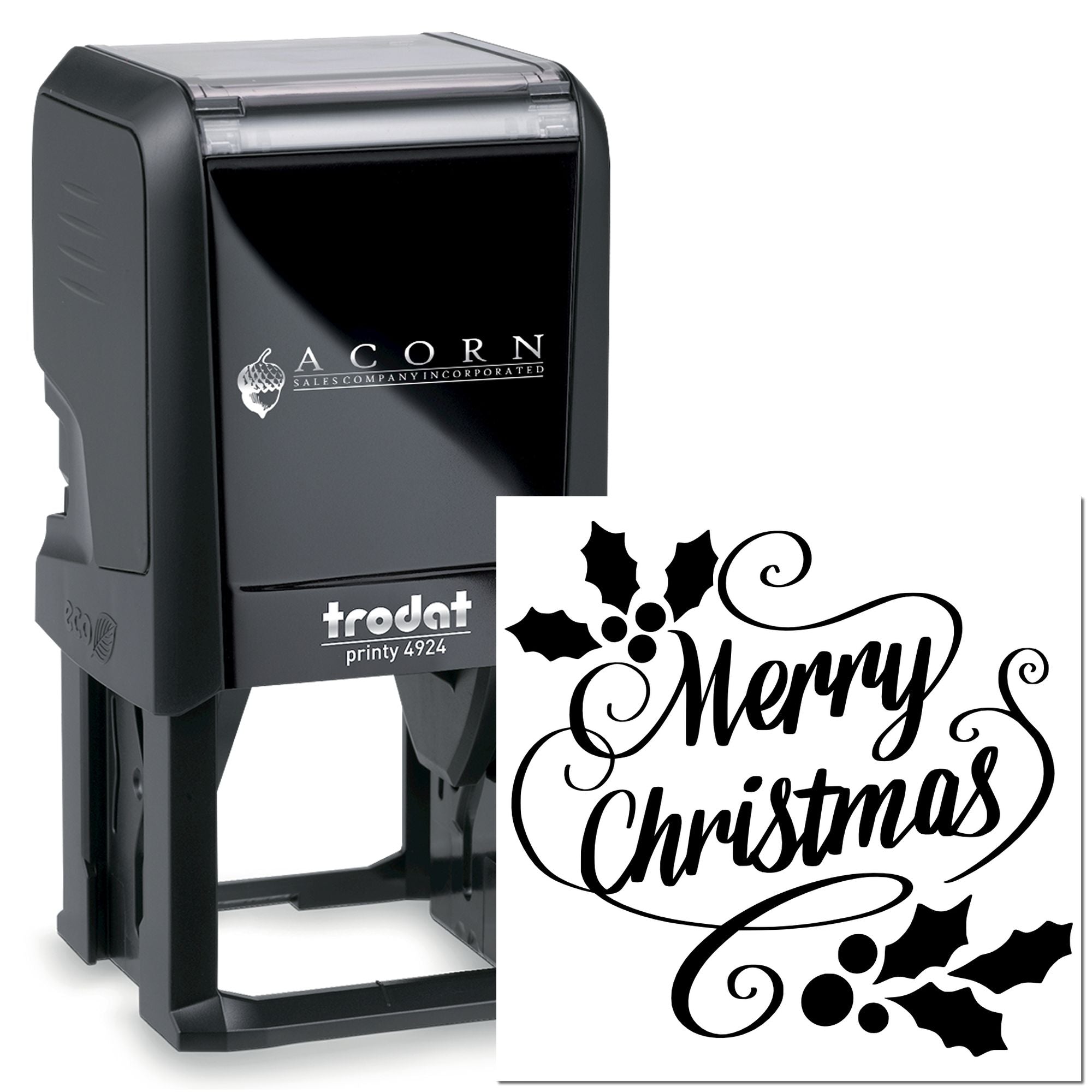 Self-inking Merry Christmas rubber stamp with holly design, Trodat Printy 4924 for holiday cards and packaging.