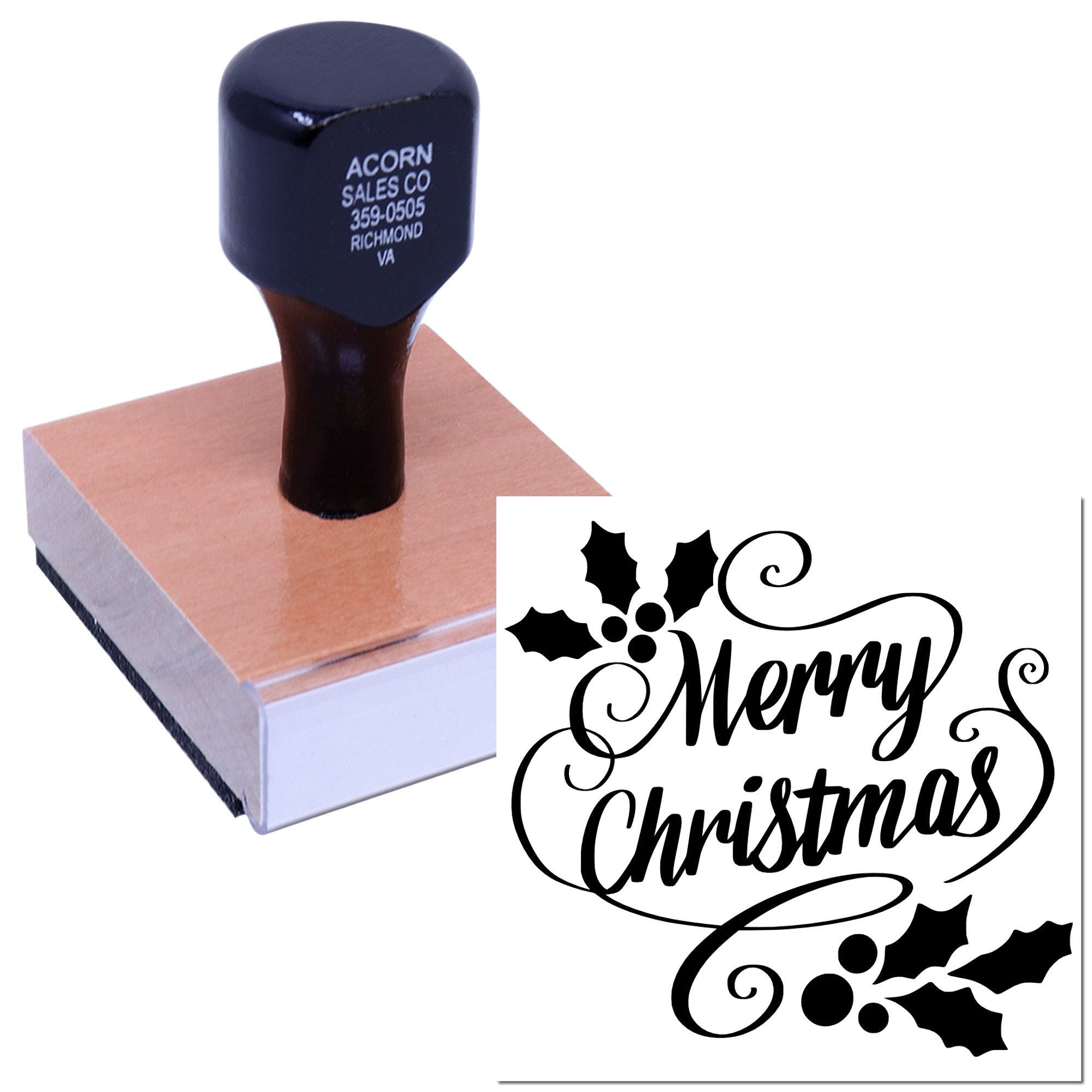 Merry Christmas rubber stamp with holly design, shown on a wooden stamp block for holiday card making.