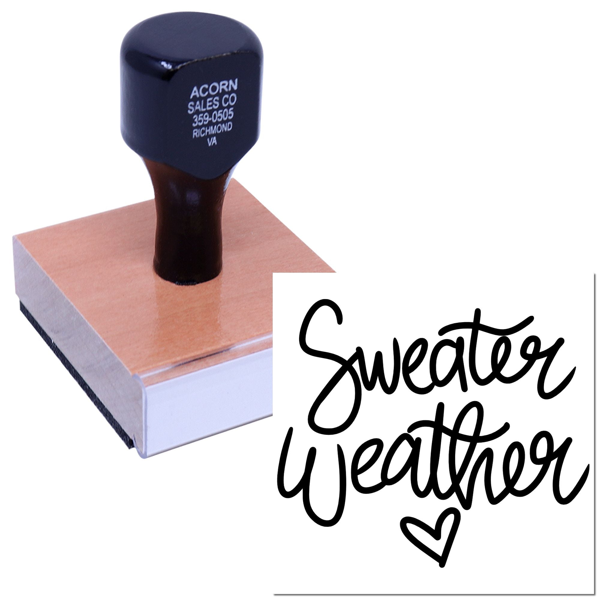 Custom rubber stamp with Sweater Weather script and heart design for seasonal crafts, cards, and packaging.