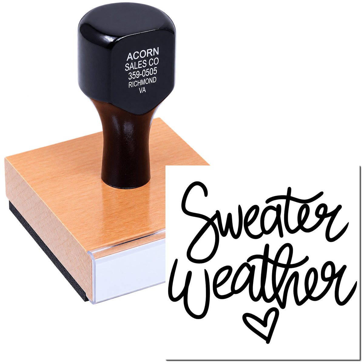 Custom rubber stamp with Sweater Weather script and heart design for seasonal crafts, cards, and packaging.