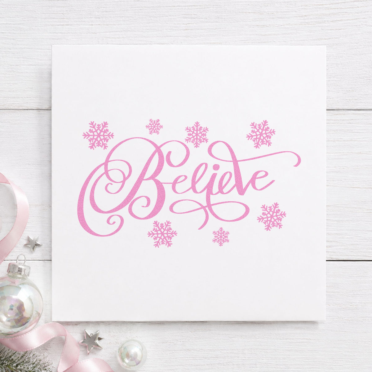 Believe Surrounded By Snowflakes Script Lettering Stamp – Self-Inking in use 10