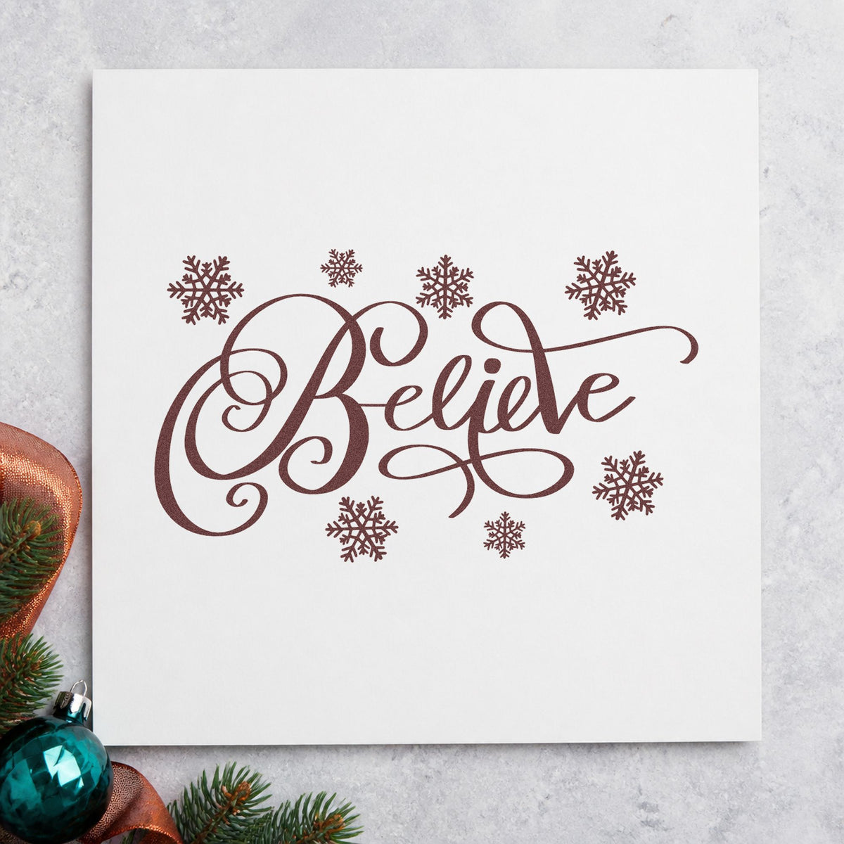Believe Surrounded By Snowflakes Script Lettering Stamp – Self-Inking in use 4