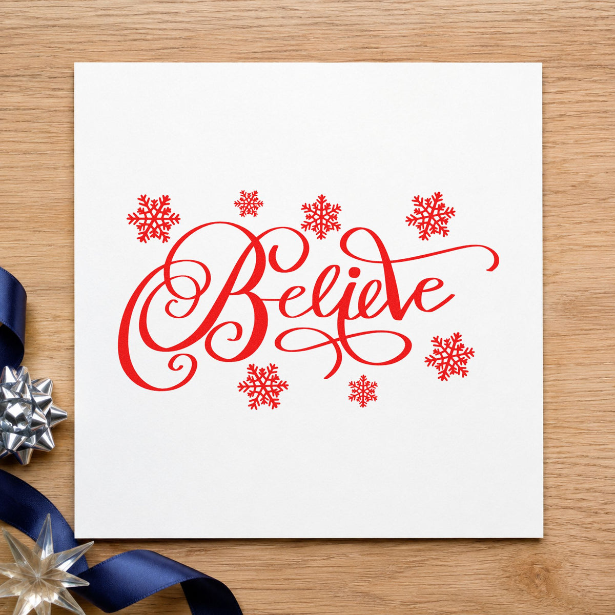 Believe Surrounded By Snowflakes Script Lettering Stamp – Self-Inking in use 5