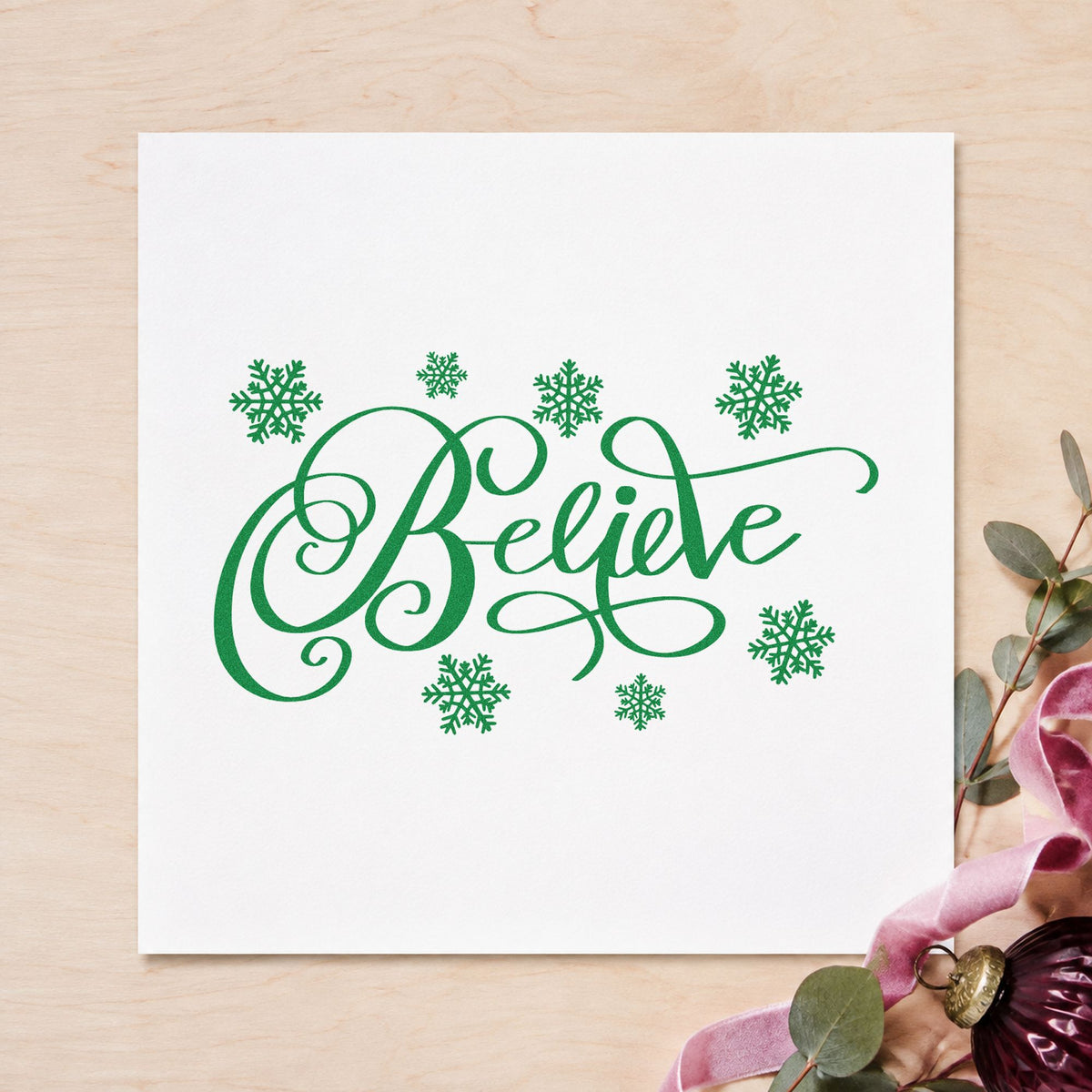 Believe Surrounded By Snowflakes Script Lettering Stamp – Self-Inking in use 6
