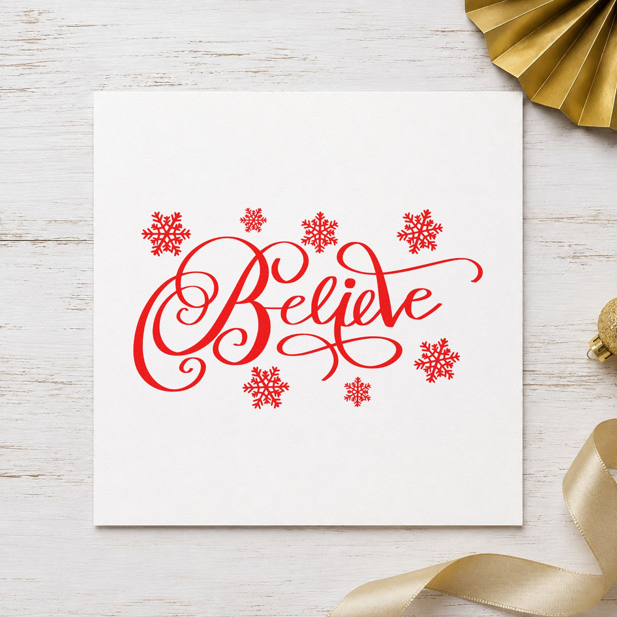 Believe Surrounded By Snowflakes Script Lettering Stamp – Self-Inking in use 7