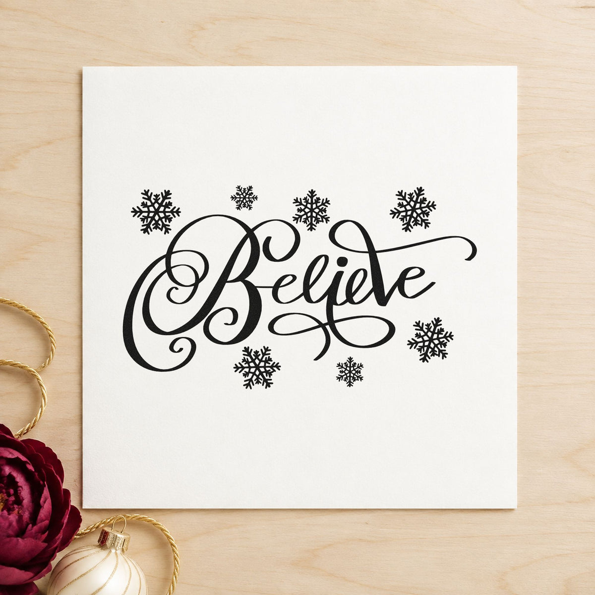 Believe Surrounded By Snowflakes Script Lettering Stamp – Self-Inking in use 9