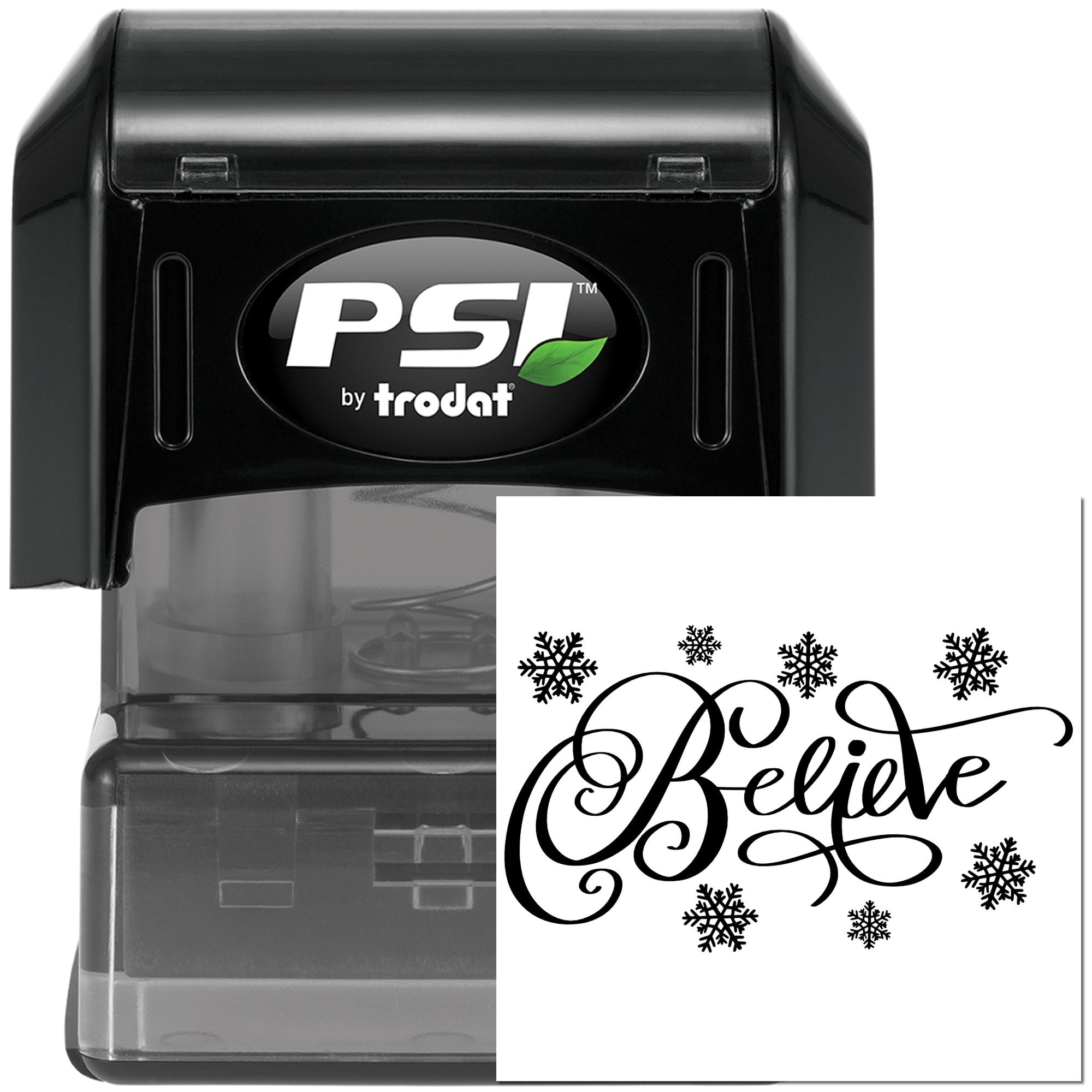 PSI by Trodat self-inking rubber stamp with Believe snowflake design for holiday cards and crafts