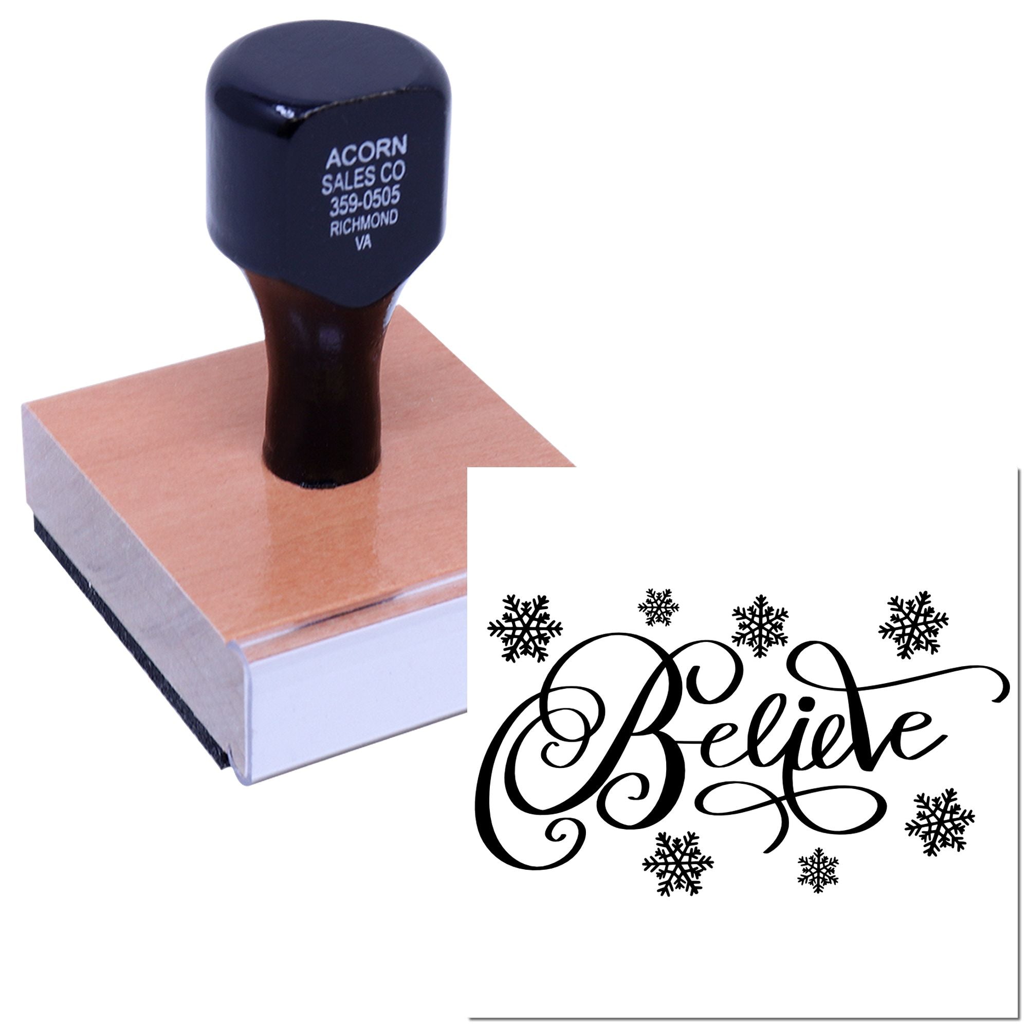 Custom holiday rubber stamp with Believe and snowflakes for Christmas cards, crafts, and festive packaging.